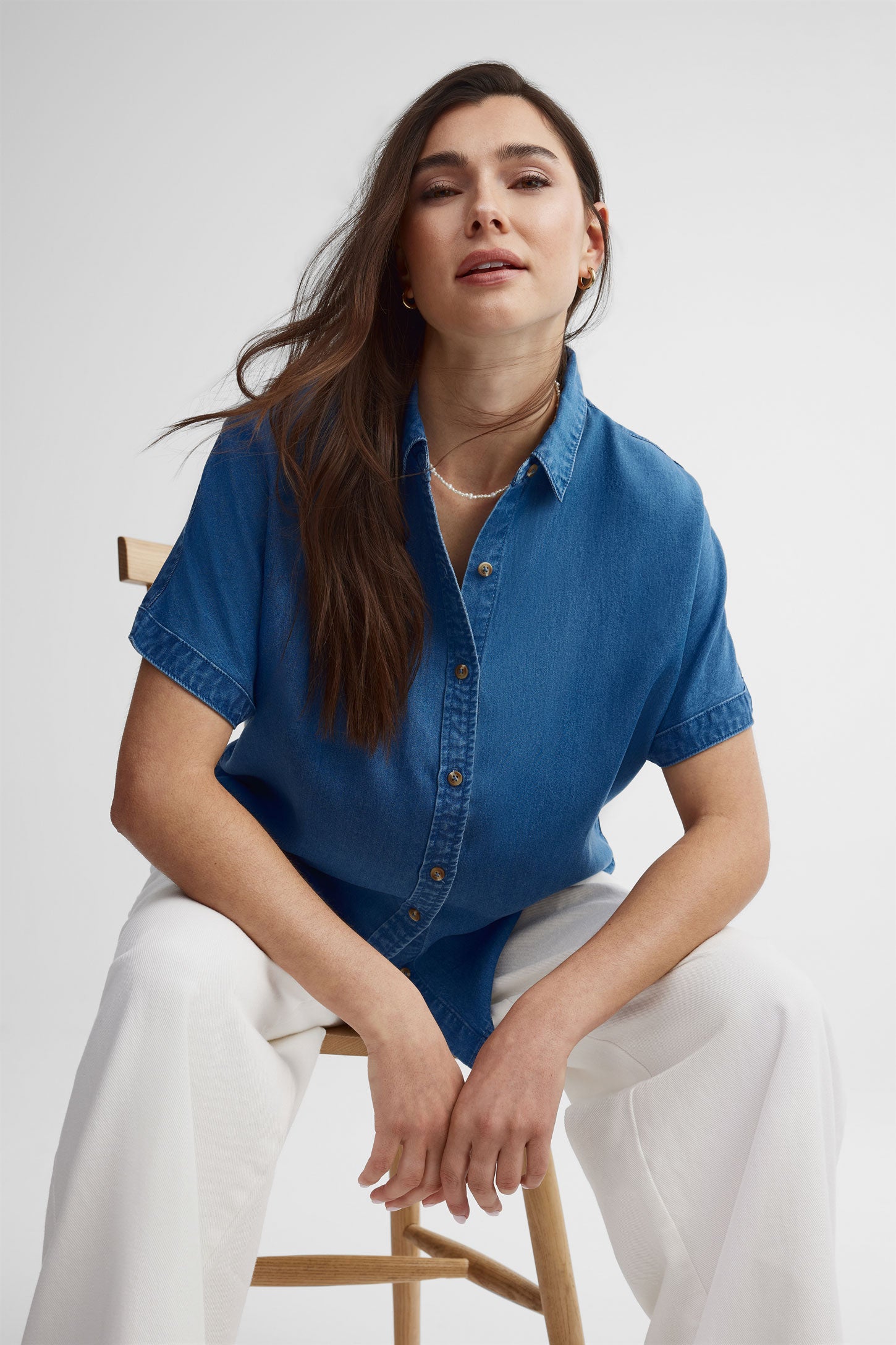 Chemisier manches courtes en lyocell - Femme && BLEU FONCE