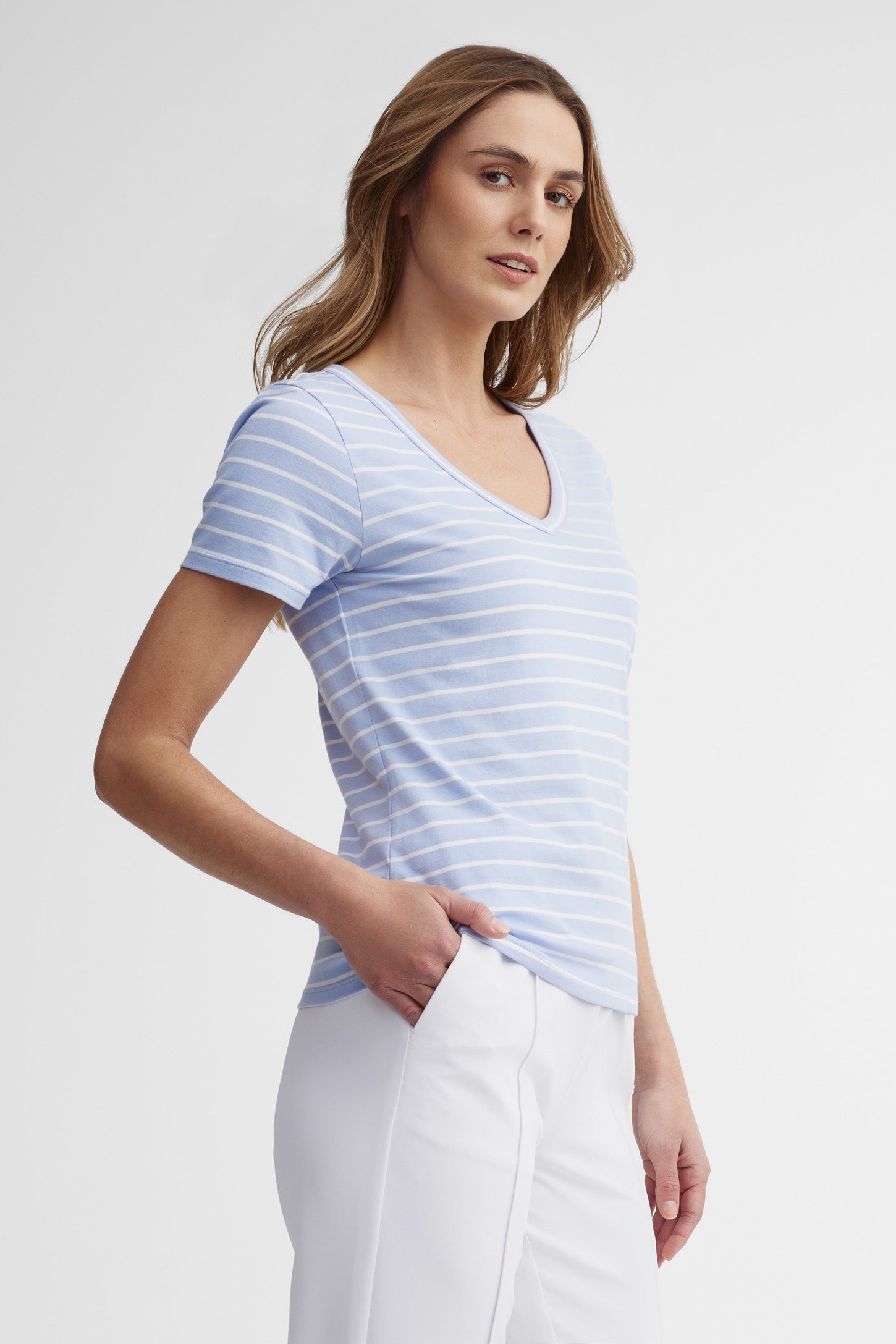 T-shirt col en V coton - Femme && BLEU MULTI