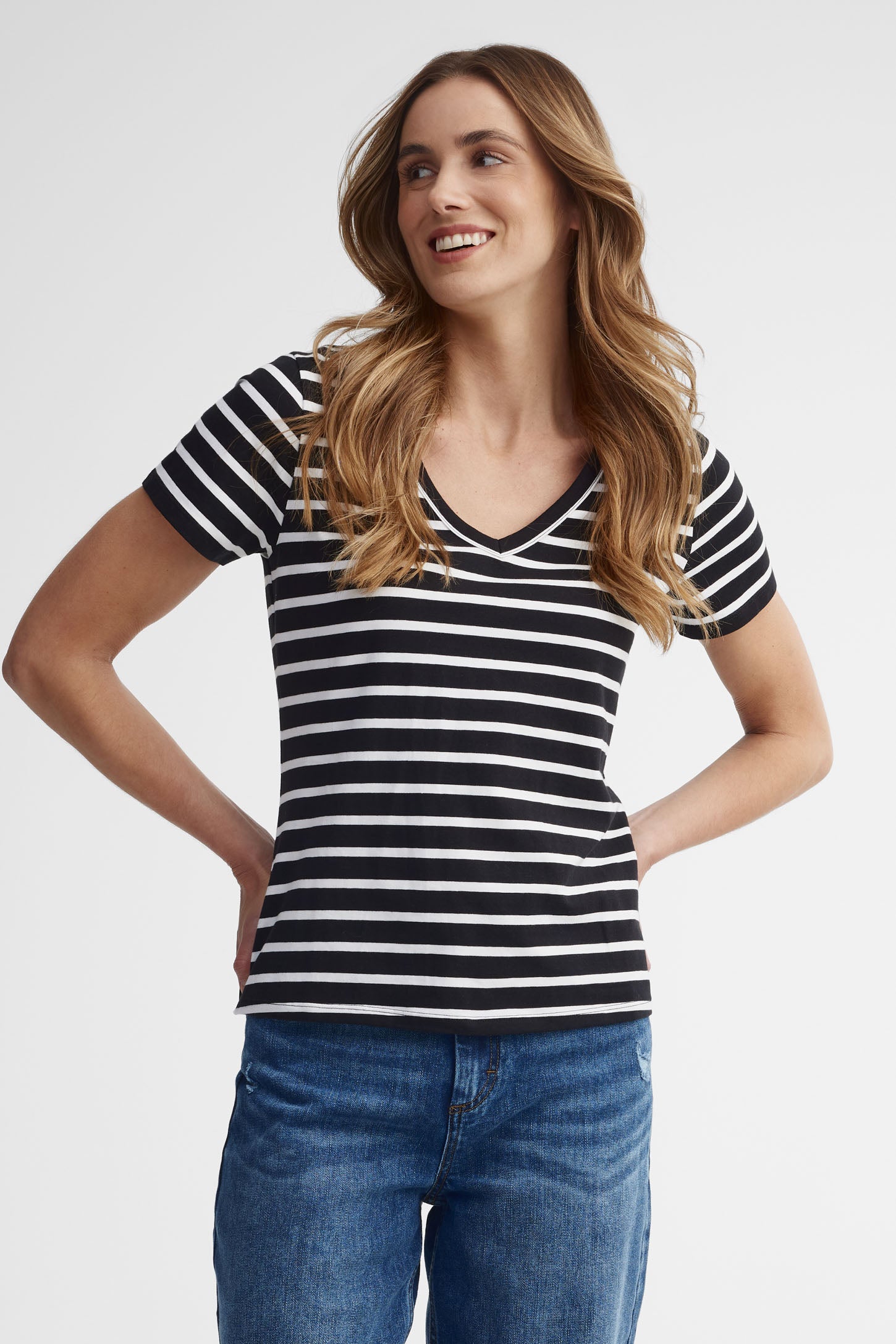 T-shirt col en V coton - Femme && NOIR/MULTI