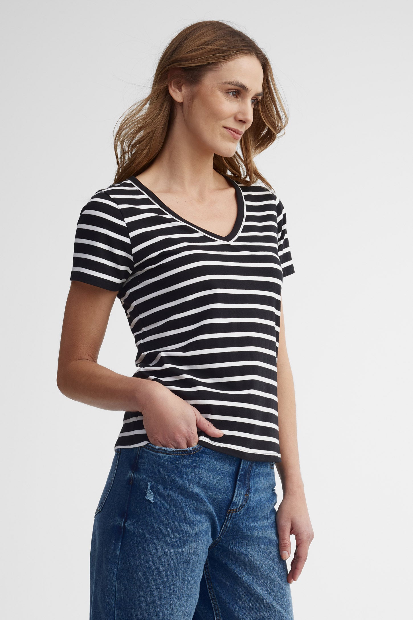 T-shirt col en V coton - Femme && NOIR/MULTI