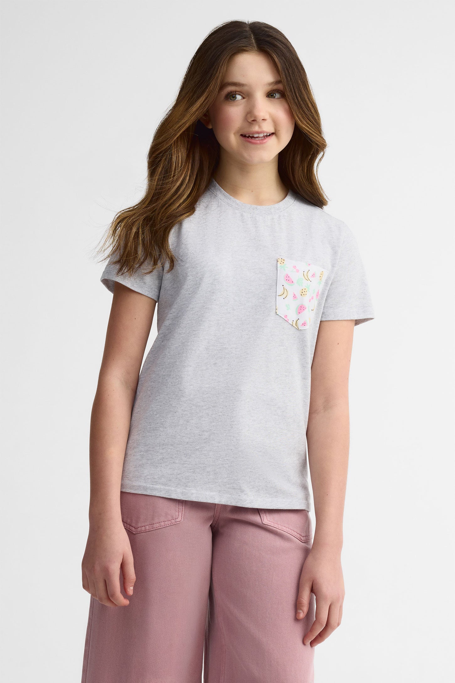 T-shirt col rond coton, 2/25$ - Ado fille && GRIS MIXTE