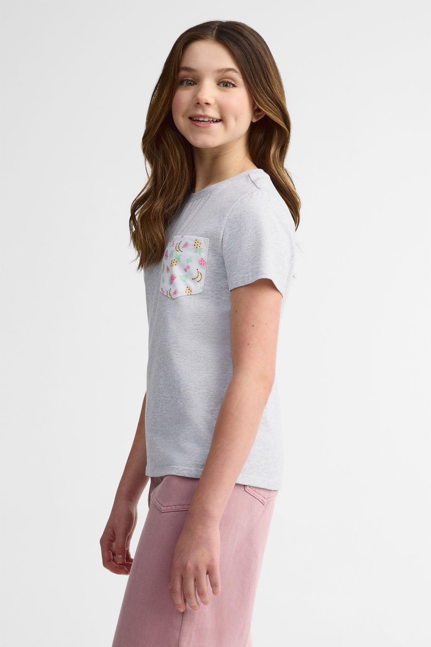 T-shirt col rond coton, 2/25$ - Ado fille && GRIS MIXTE