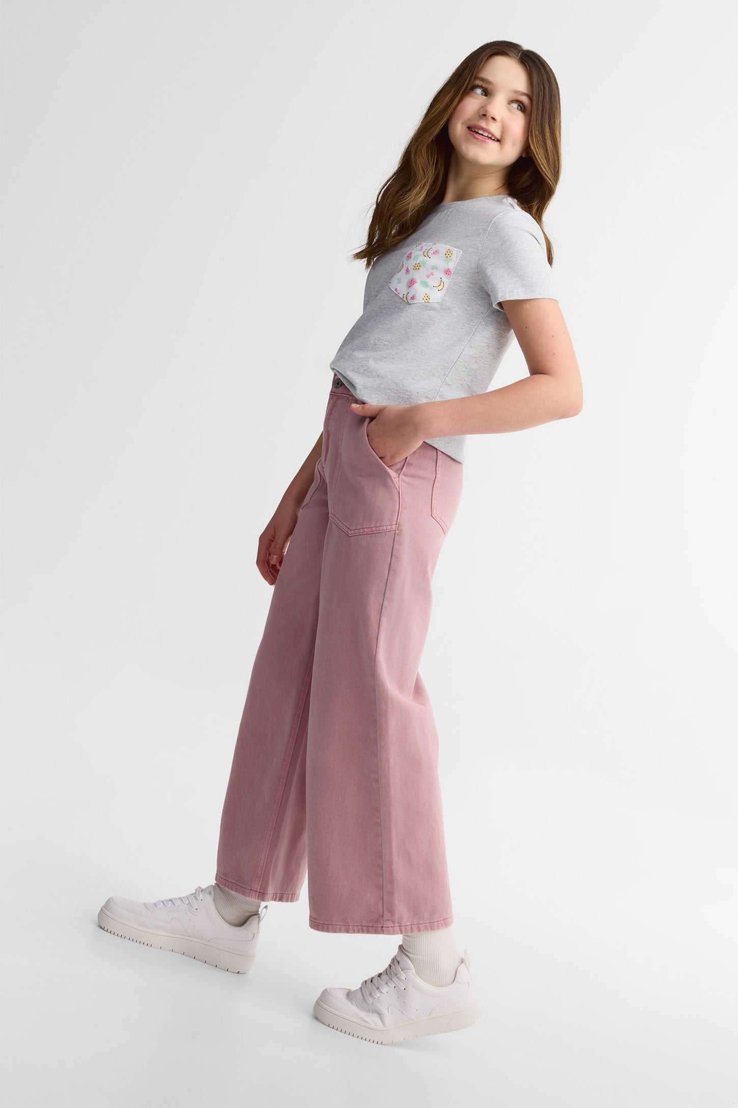 T-shirt col rond coton, 2/25$ - Ado fille && GRIS MIXTE