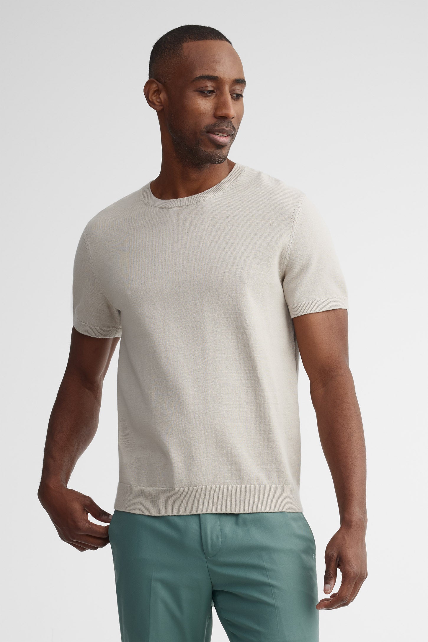 T-shirt col rond tricot - Homme && BEIGE