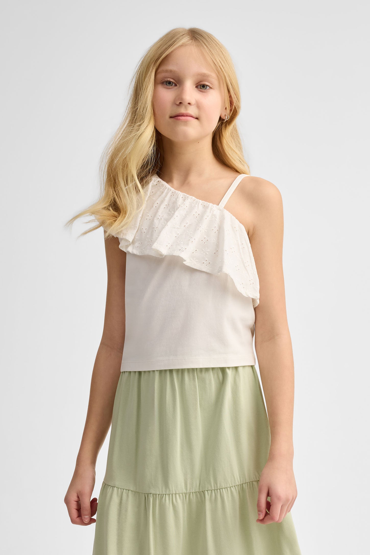 Camisole asymétrique à volants coton - Ado fille && BLANC