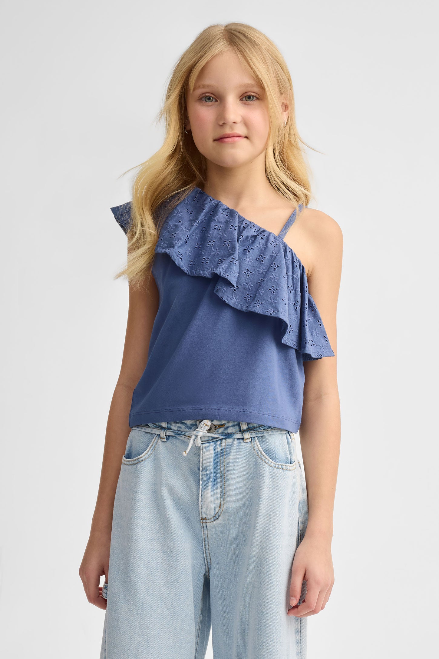 Camisole asymétrique à volants coton - Ado fille && BLEU