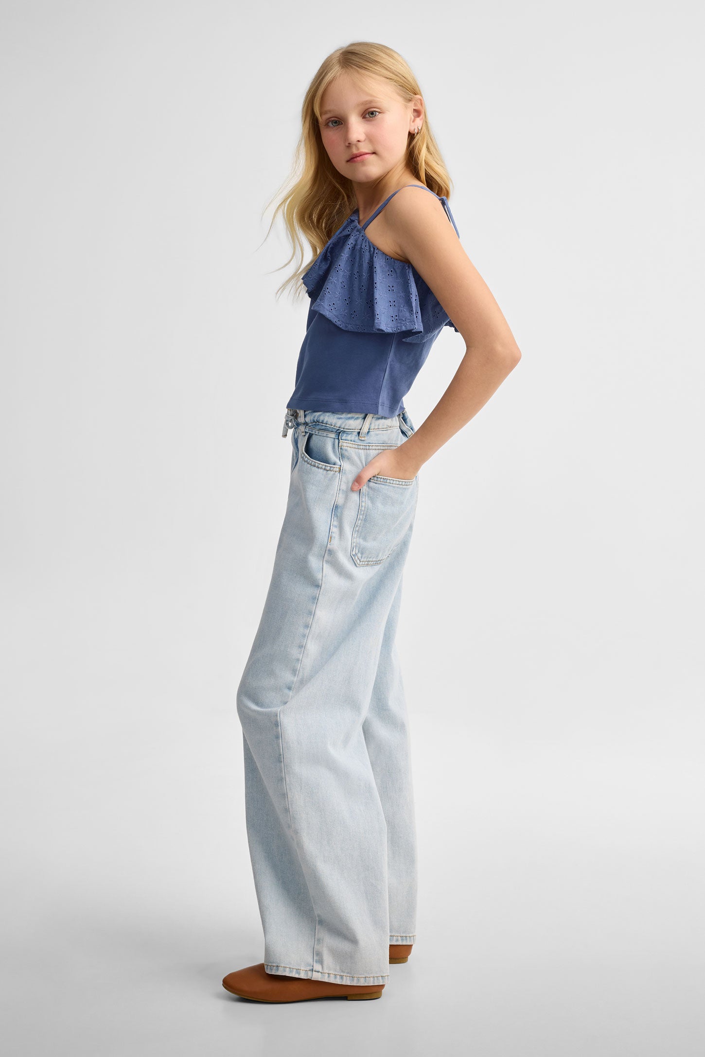 Camisole asymétrique à volants coton - Ado fille && BLEU