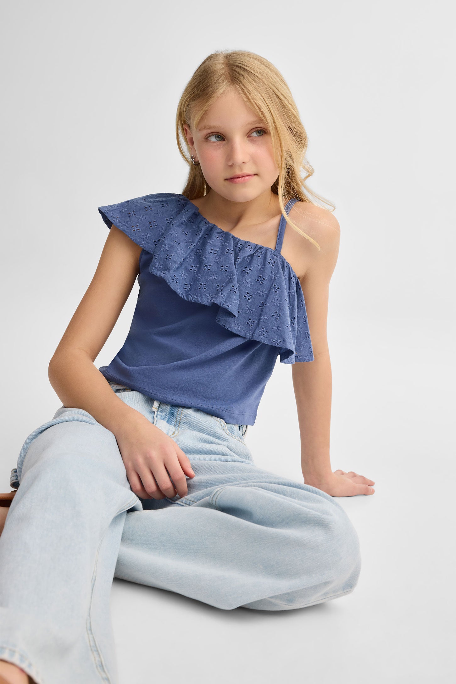 Camisole asymétrique à volants coton - Ado fille && BLEU