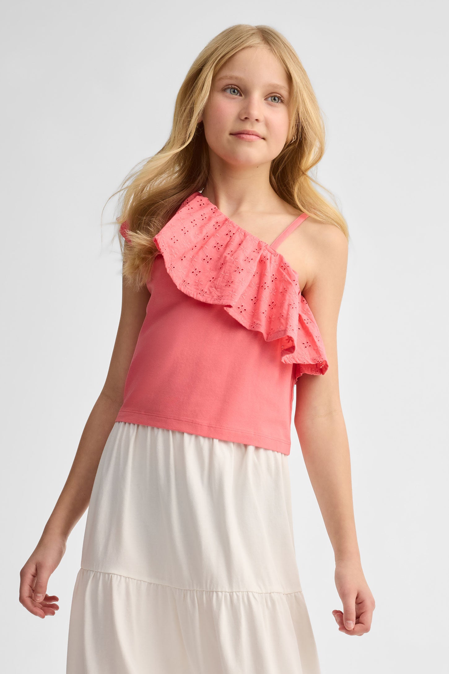 Camisole asymétrique à volants coton - Ado fille && CORAIL