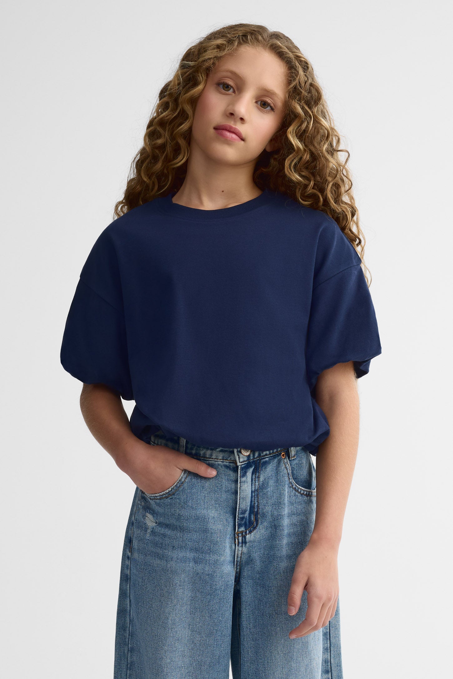 T-shirt ballon écourté en coton - Ado fille && BLEU MARINE