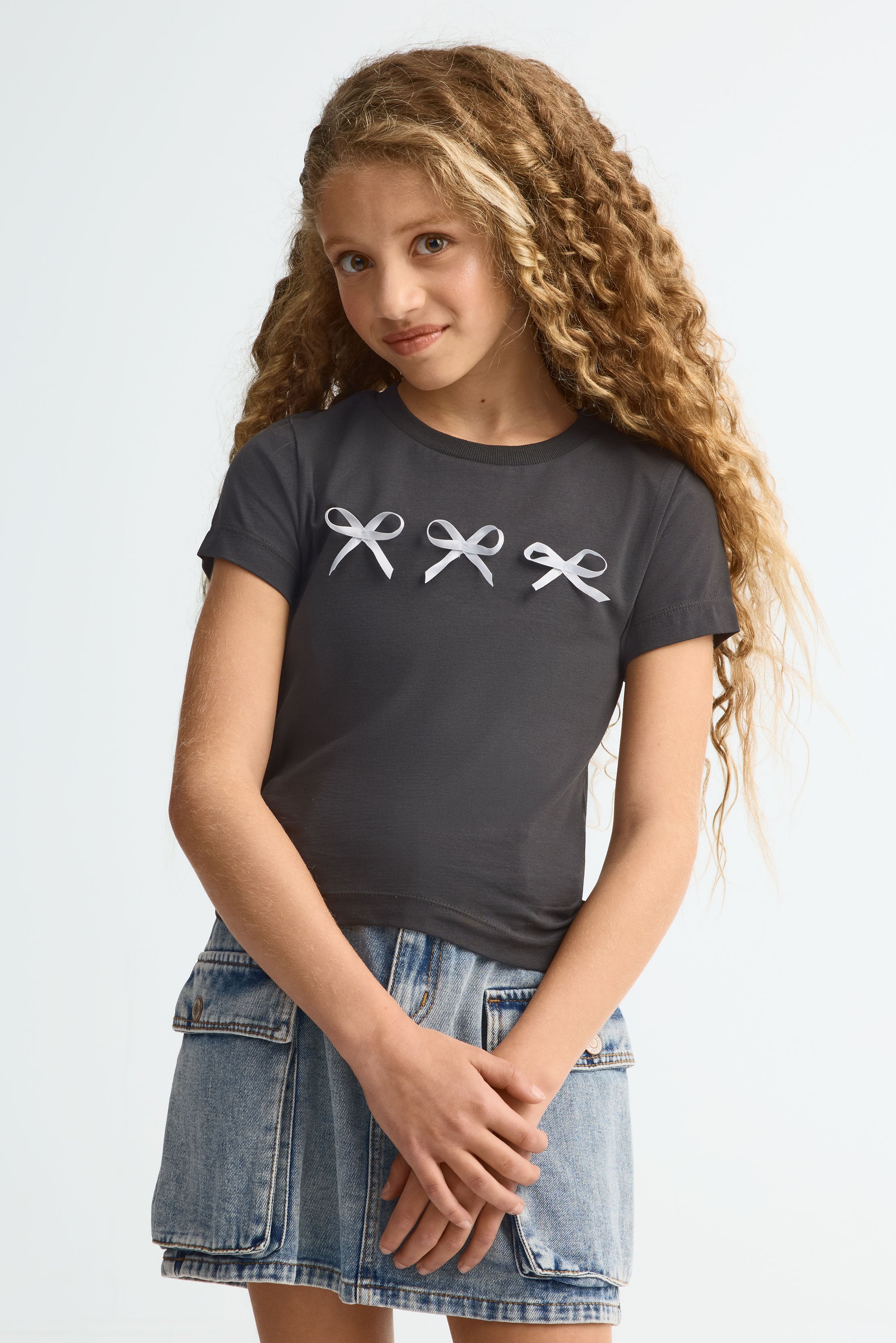 T-shirt col rond avec boucles en coton - Ado fille && NOIR