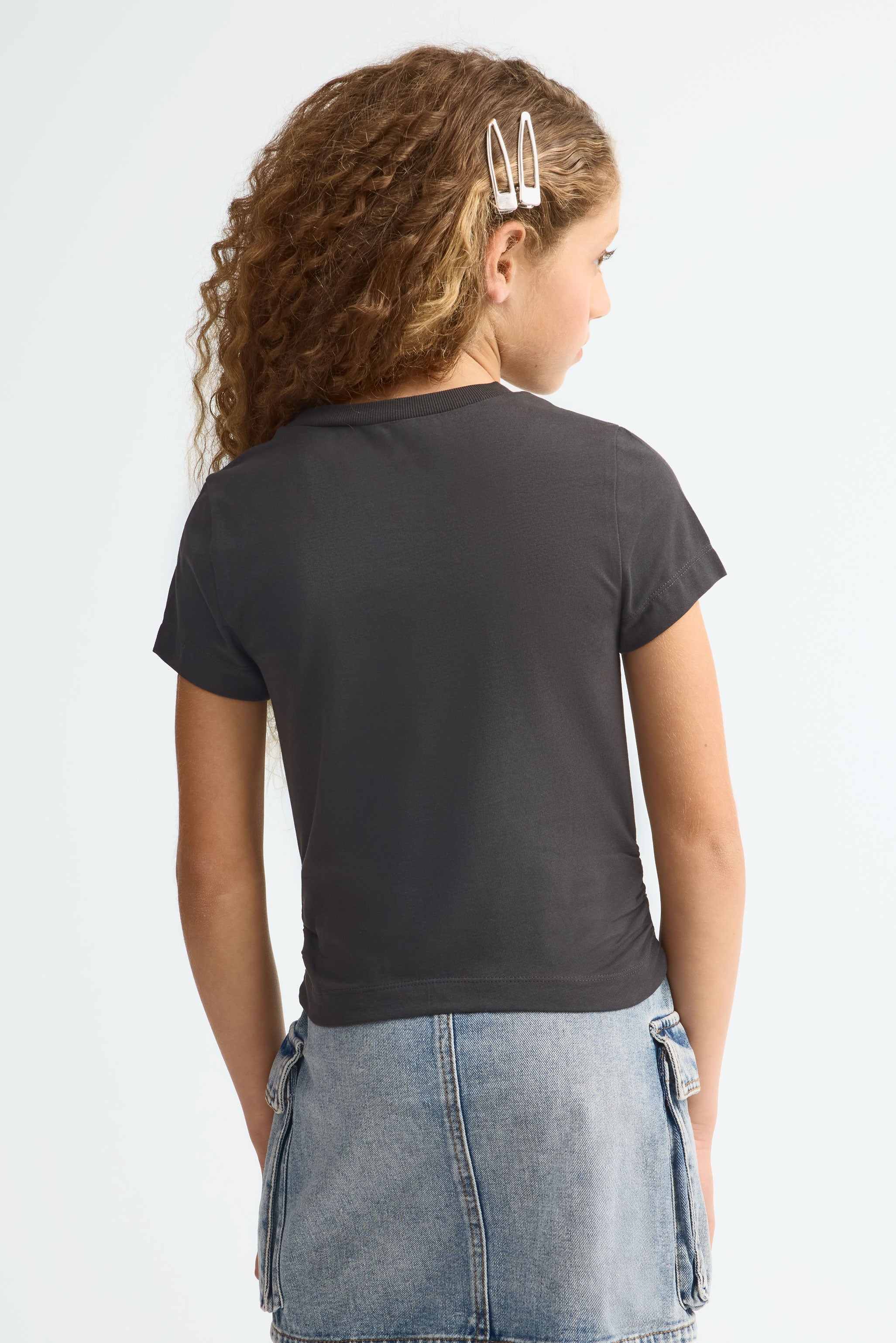 T-shirt col rond avec boucles en coton - Ado fille && NOIR