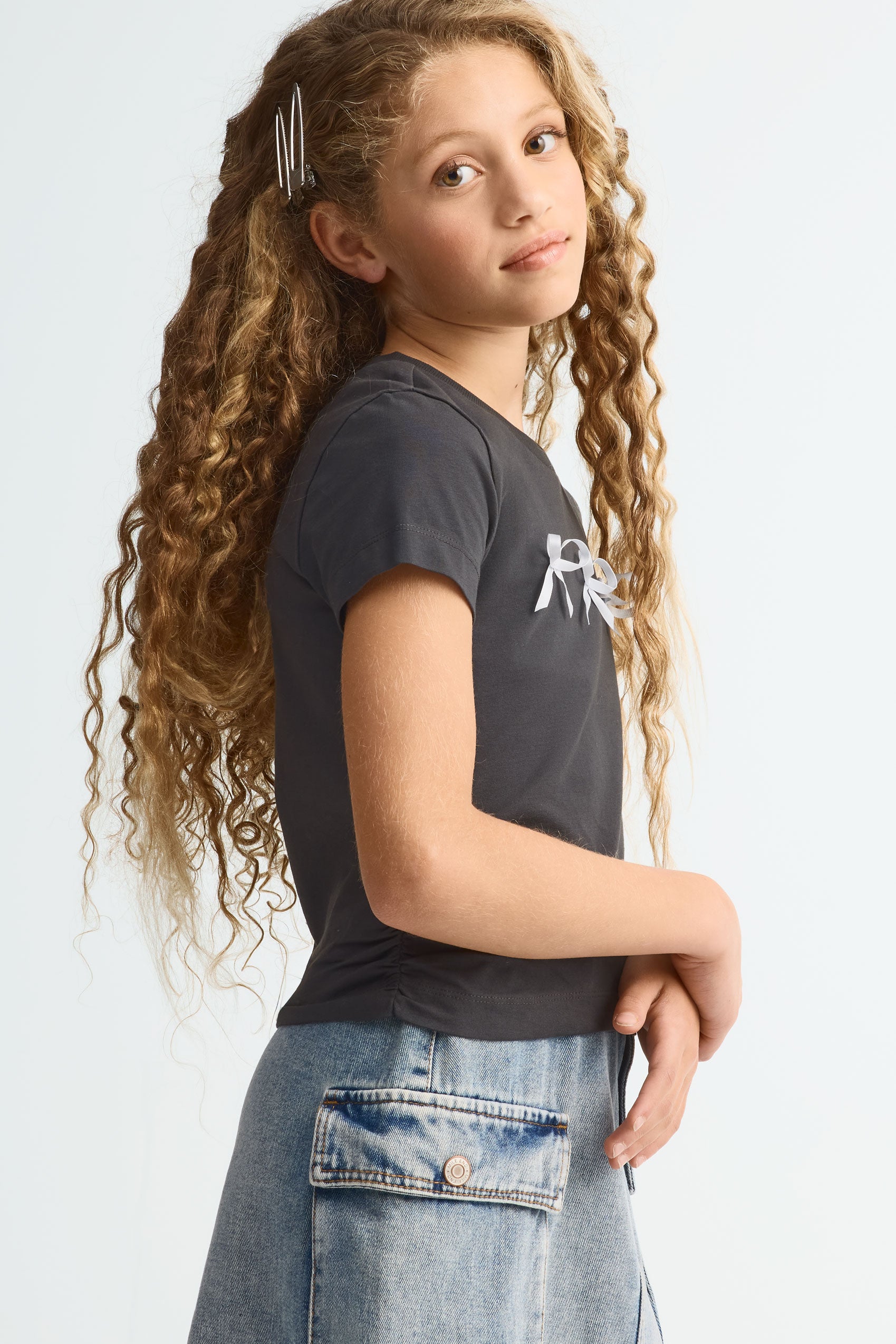 T-shirt col rond avec boucles en coton - Ado fille && NOIR
