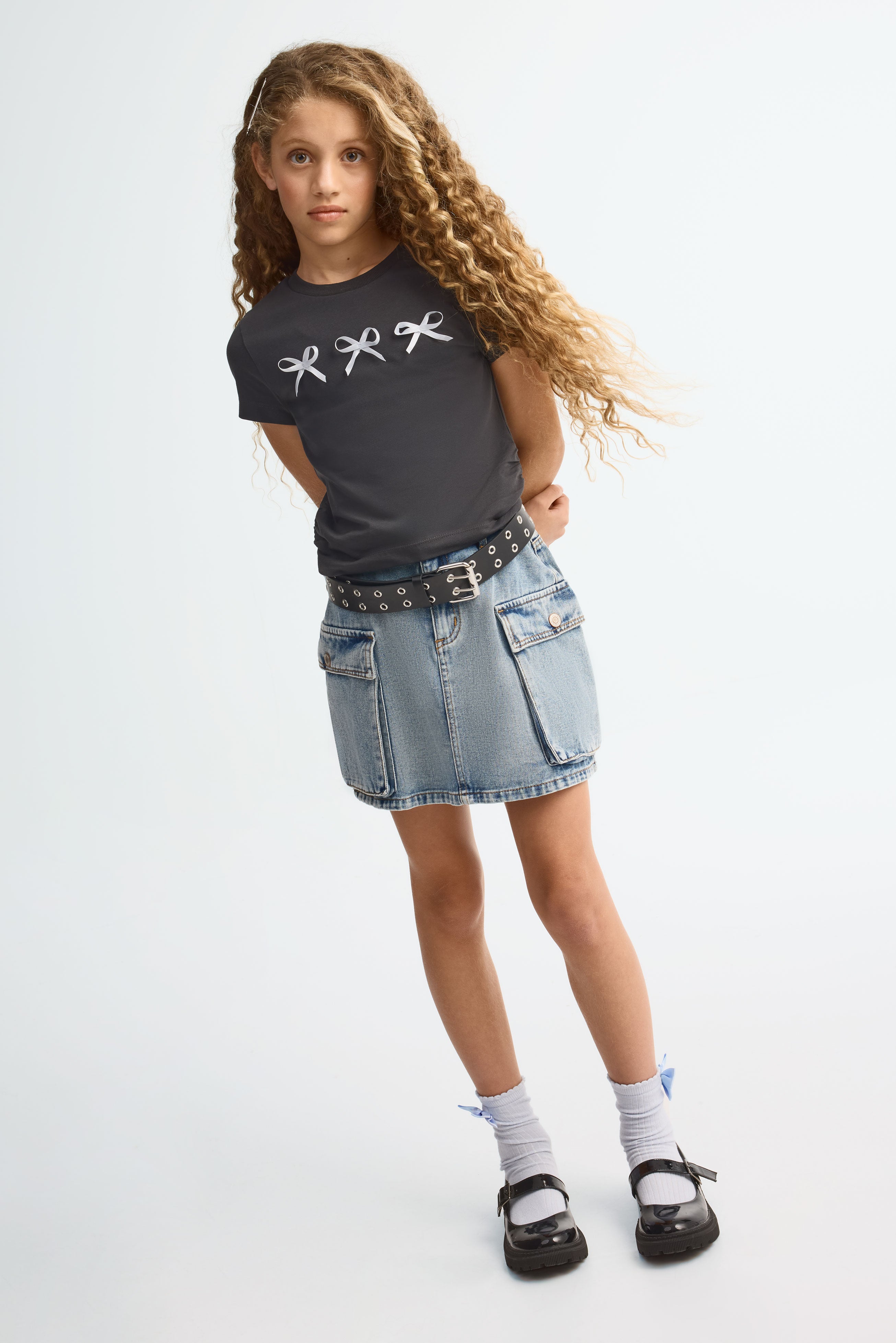 T-shirt col rond avec boucles en coton - Ado fille && NOIR