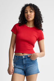 T-shirt côtelé dos ouvert - Femme && ROUGE