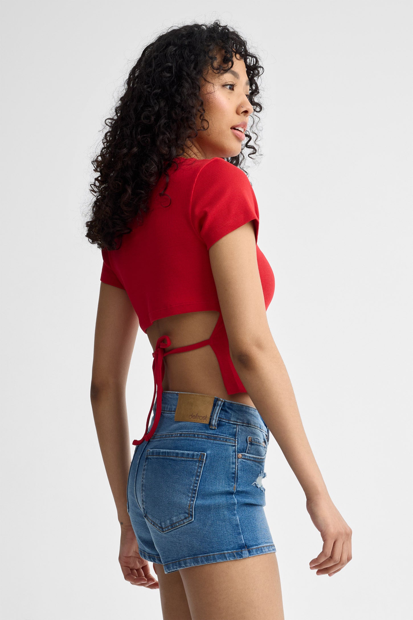 T-shirt côtelé dos ouvert - Femme && ROUGE