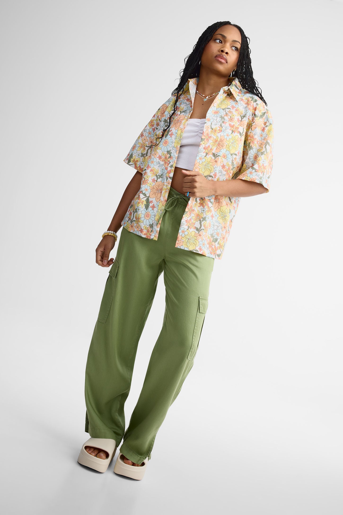 Pantalon cargo jambe large coton - Femme && VERT