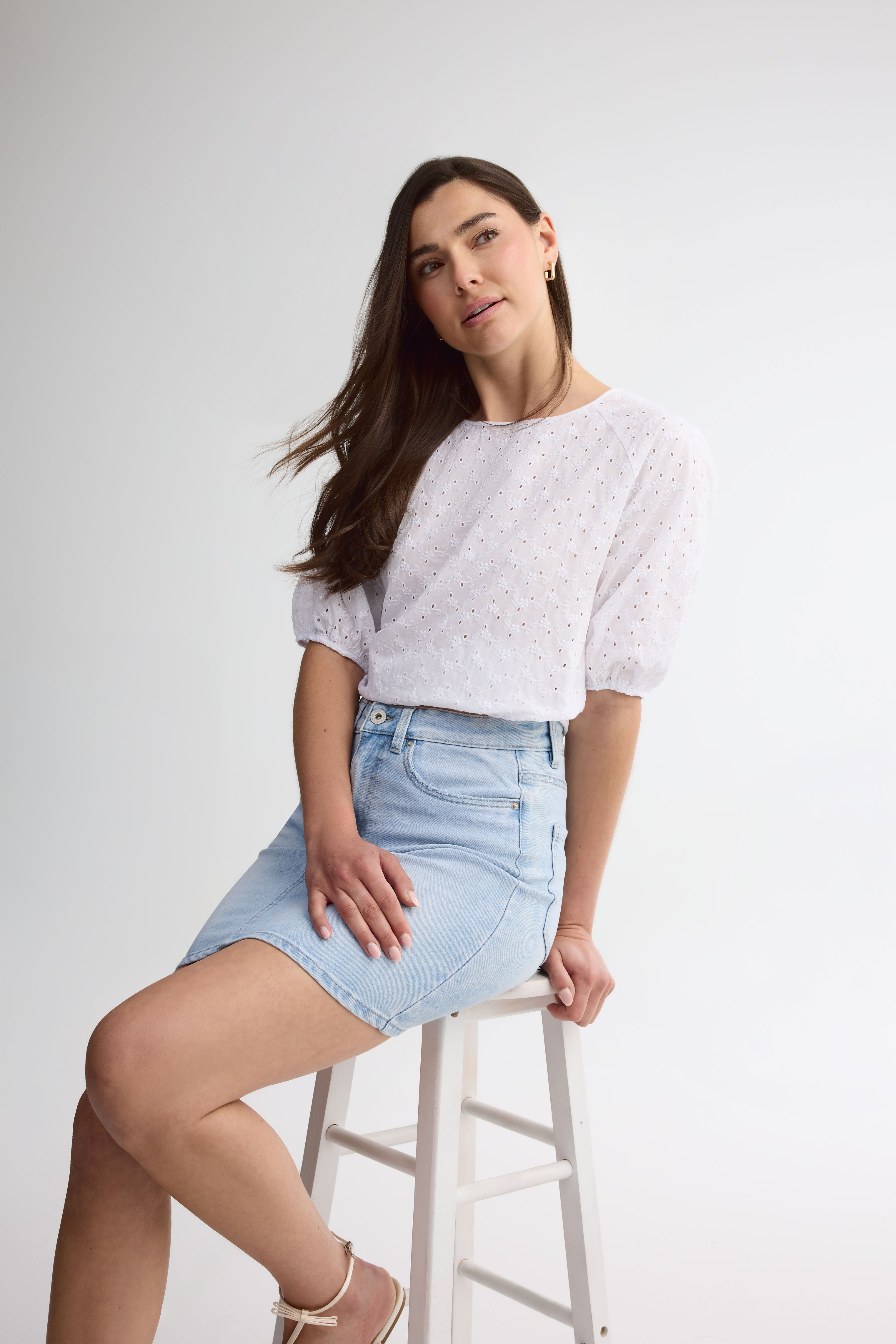 Mini jupe taille haute ligne-A - Femme && DENIM PALE