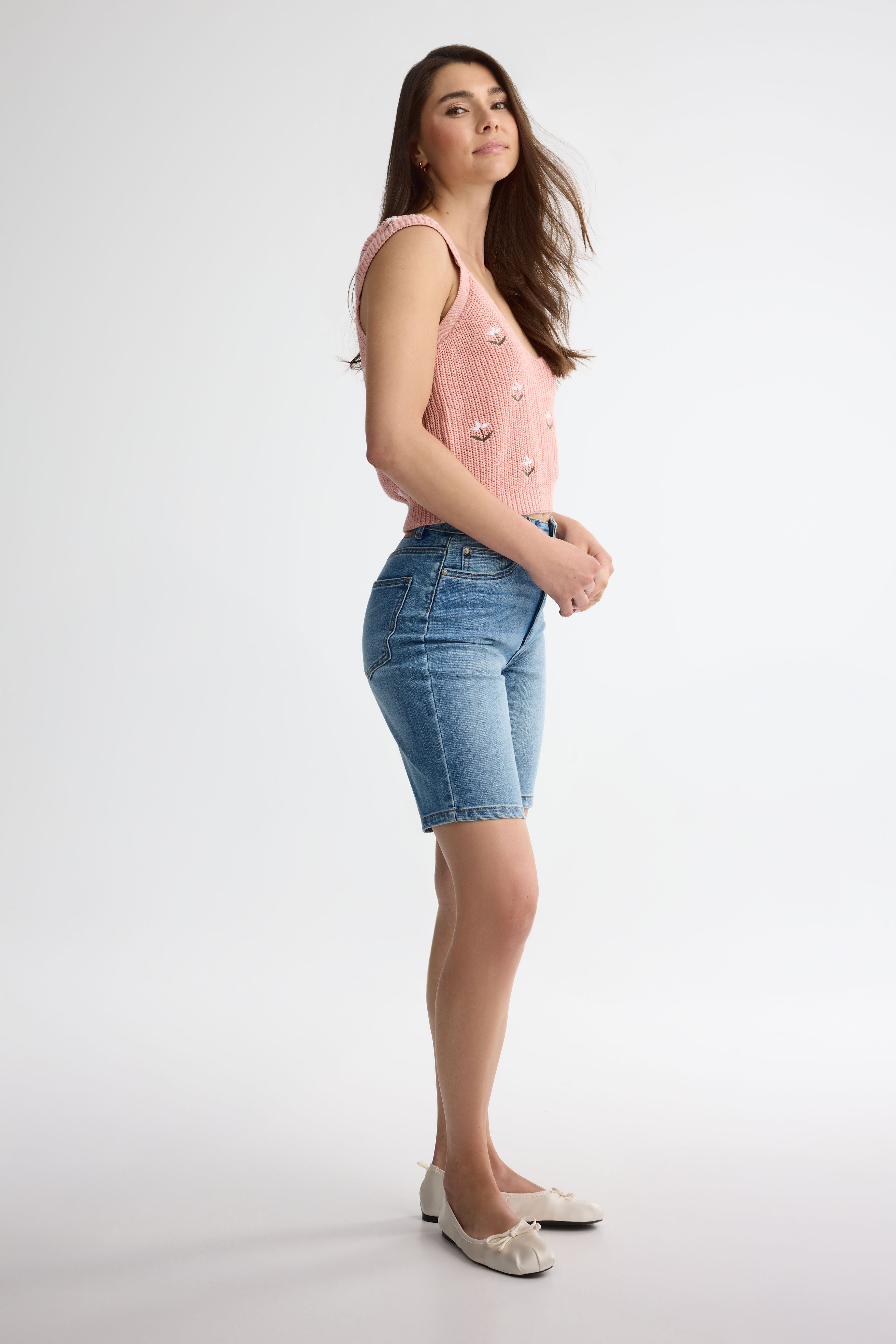 Bermuda taille haute jambe droite en jeans - Femme && DENIM MOYEN