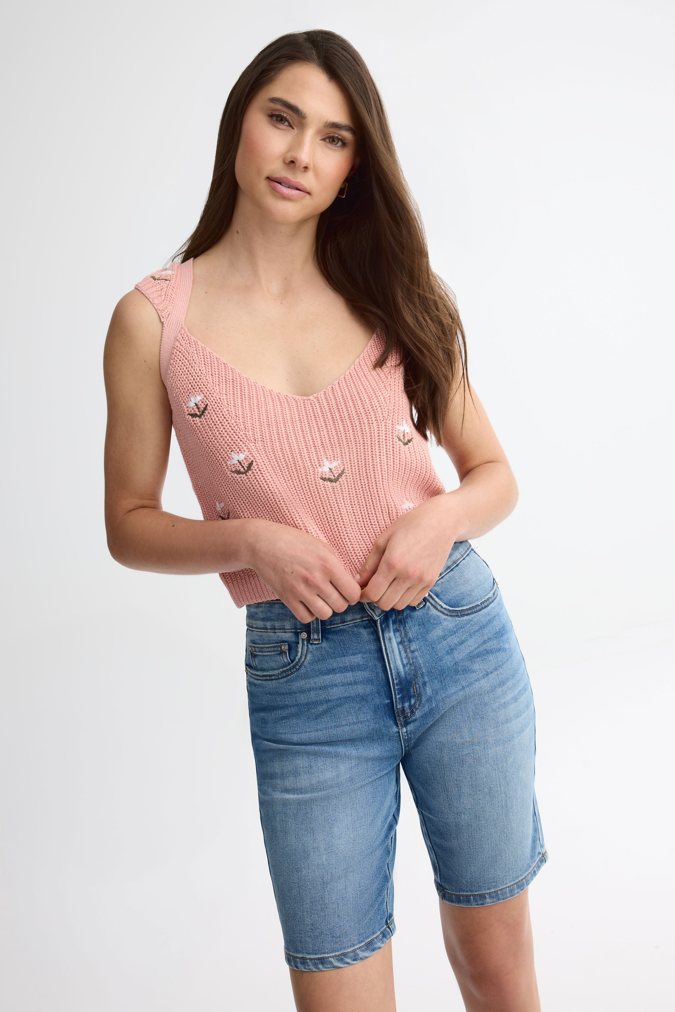 Bermuda taille haute jambe droite en jeans - Femme && DENIM MOYEN