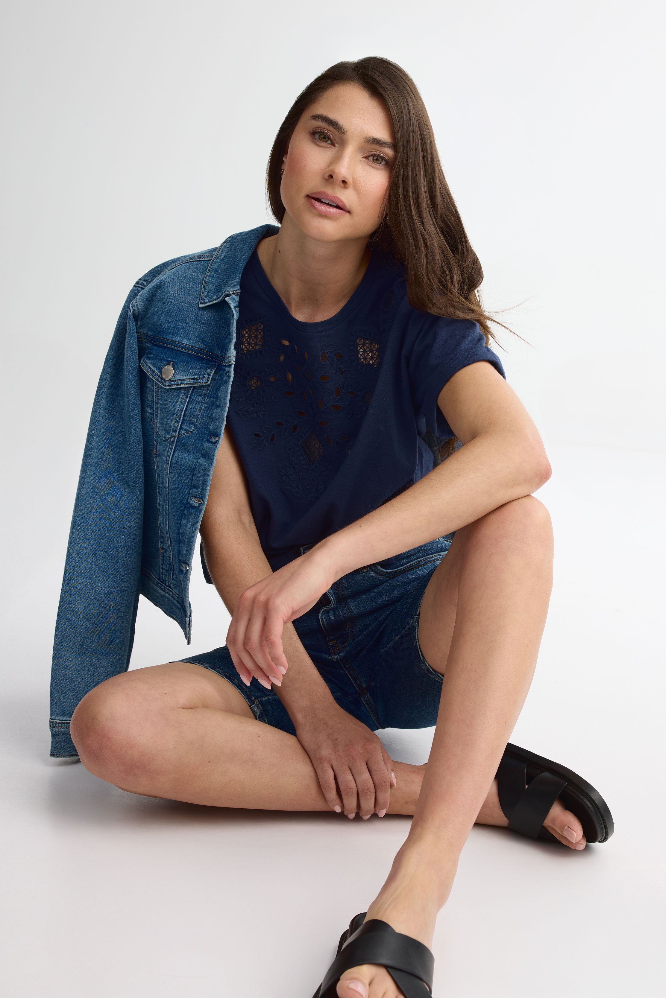 Bermuda taille haute jambe droite en jeans - Femme && DENIM FONCE