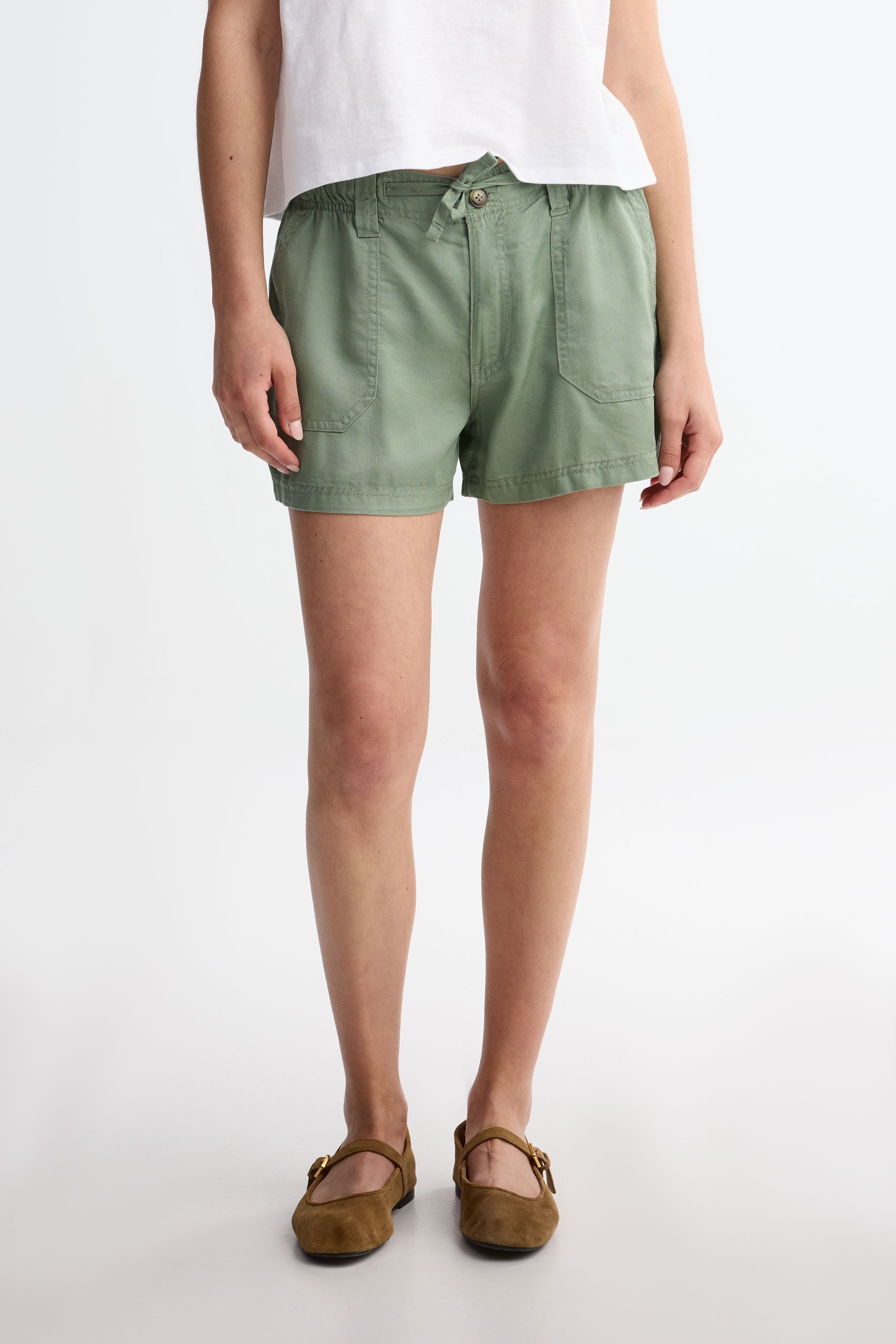 Short mi-taille lyocell - Femme && KAKI