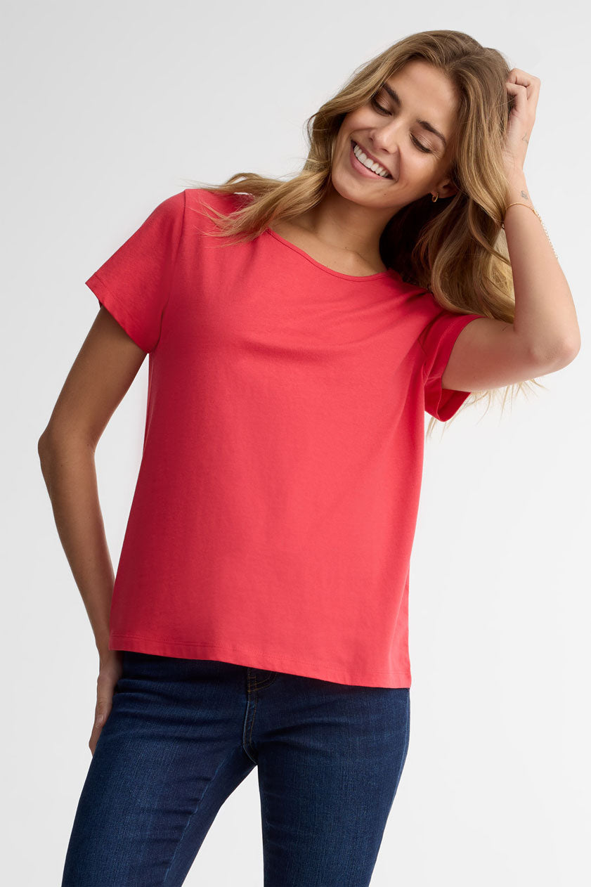 T-shirt col rond coupe ample coton - Femme && ROUGE