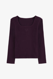 Chandail col rond pointelle - Enfant fille && AUBERGINE