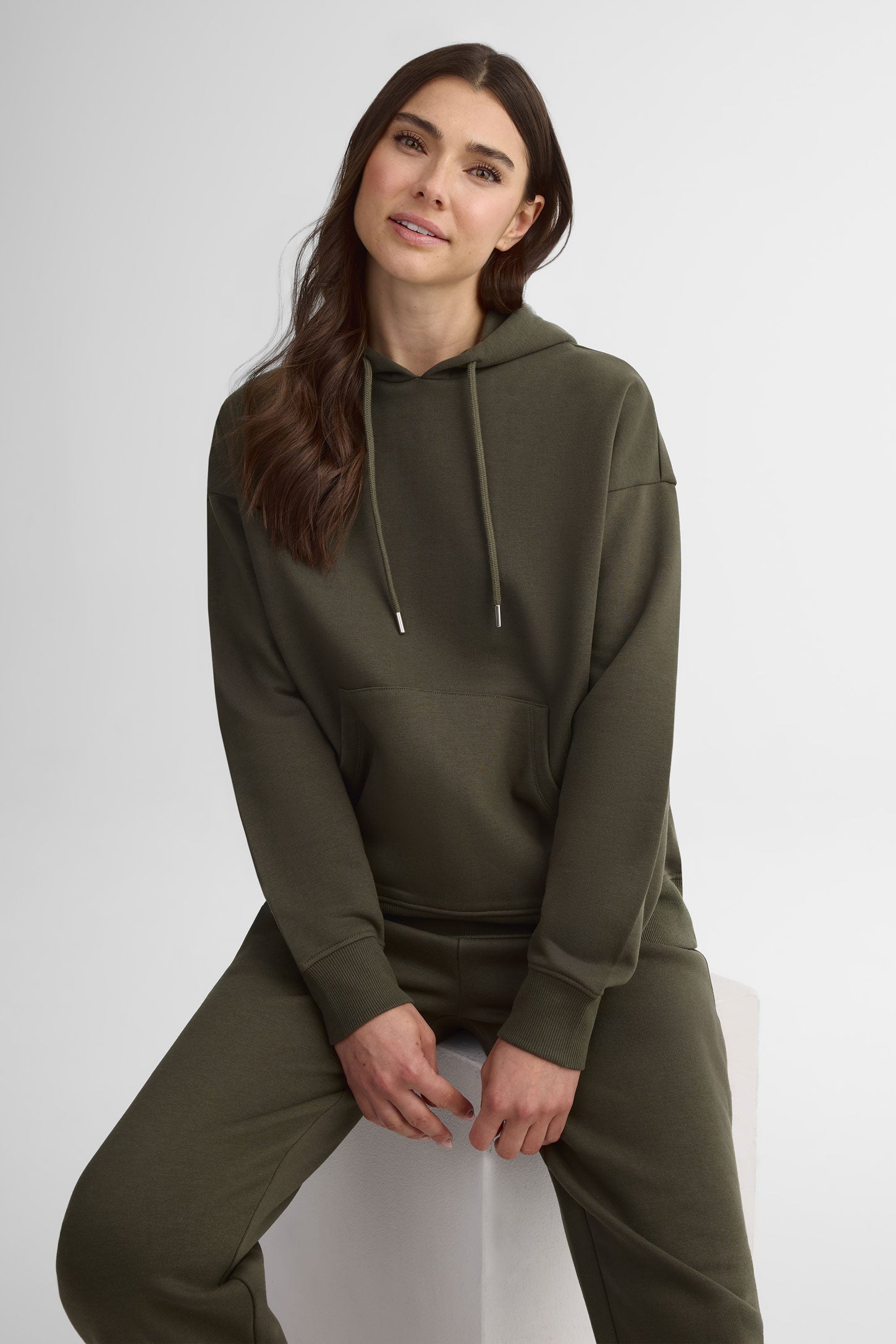 Chandail à capuchon coton ouaté - Femme && KAKI