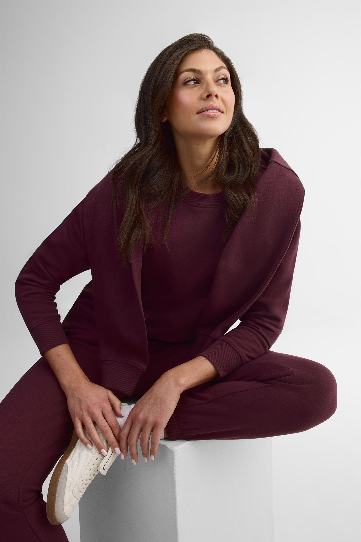 Chandail col rond coton ouaté coupe ample - Femme && BOURGOGNE