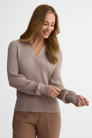 Polo manches longues côtelé - Femme && TAUPE