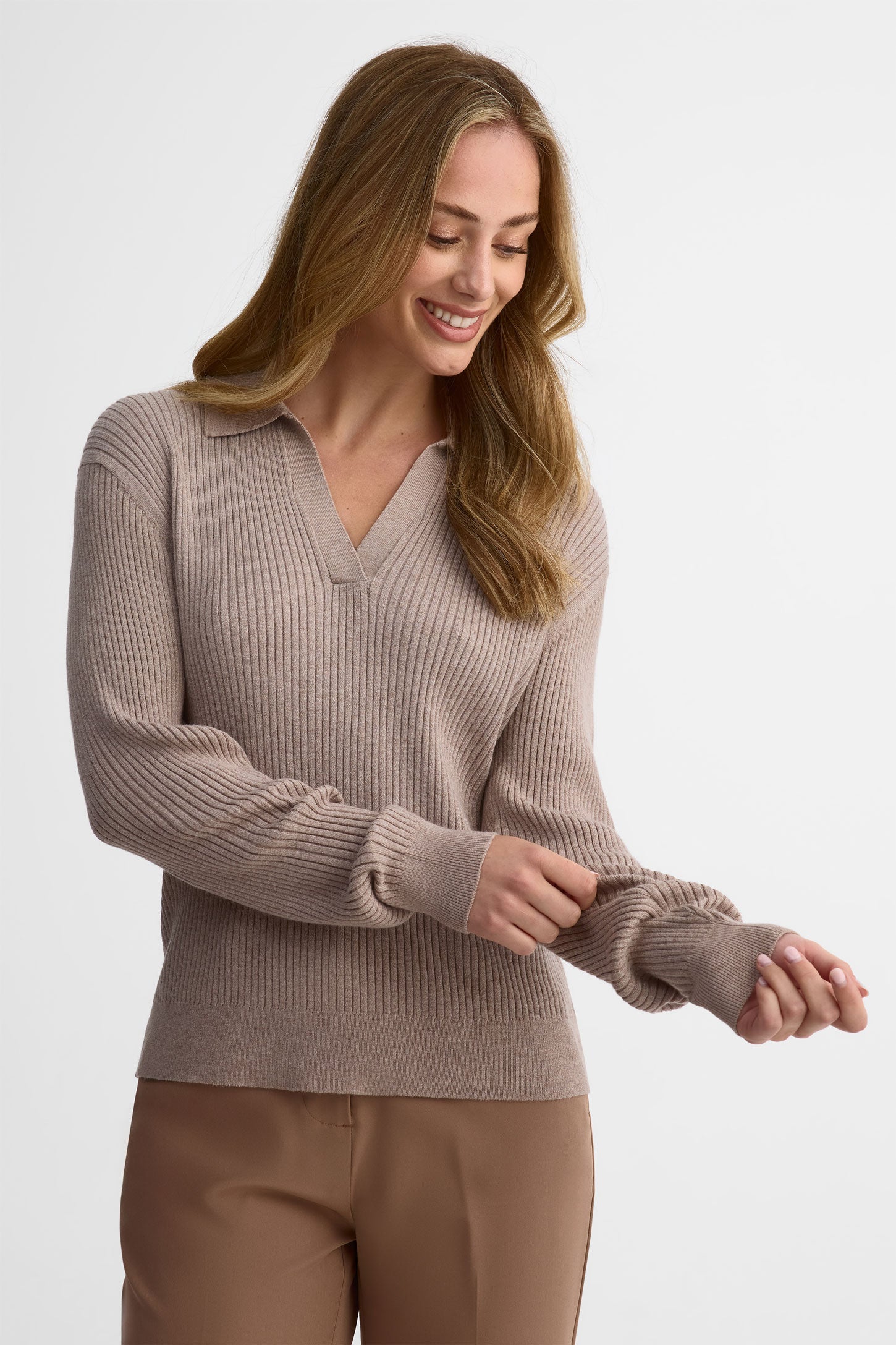 Polo manches longues côtelé - Femme && TAUPE