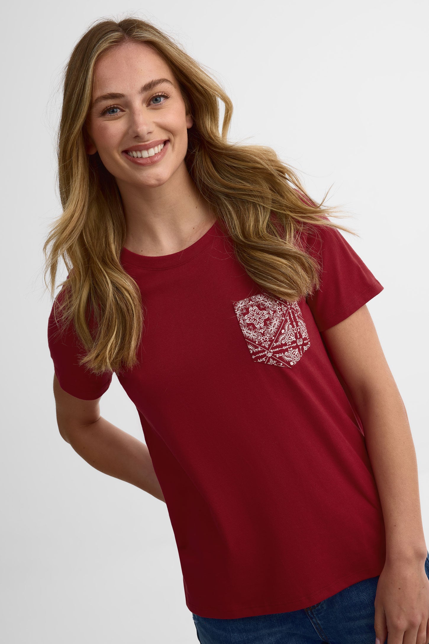 T-shirt col rond coton, 2/30$ - Femme && ROUGE