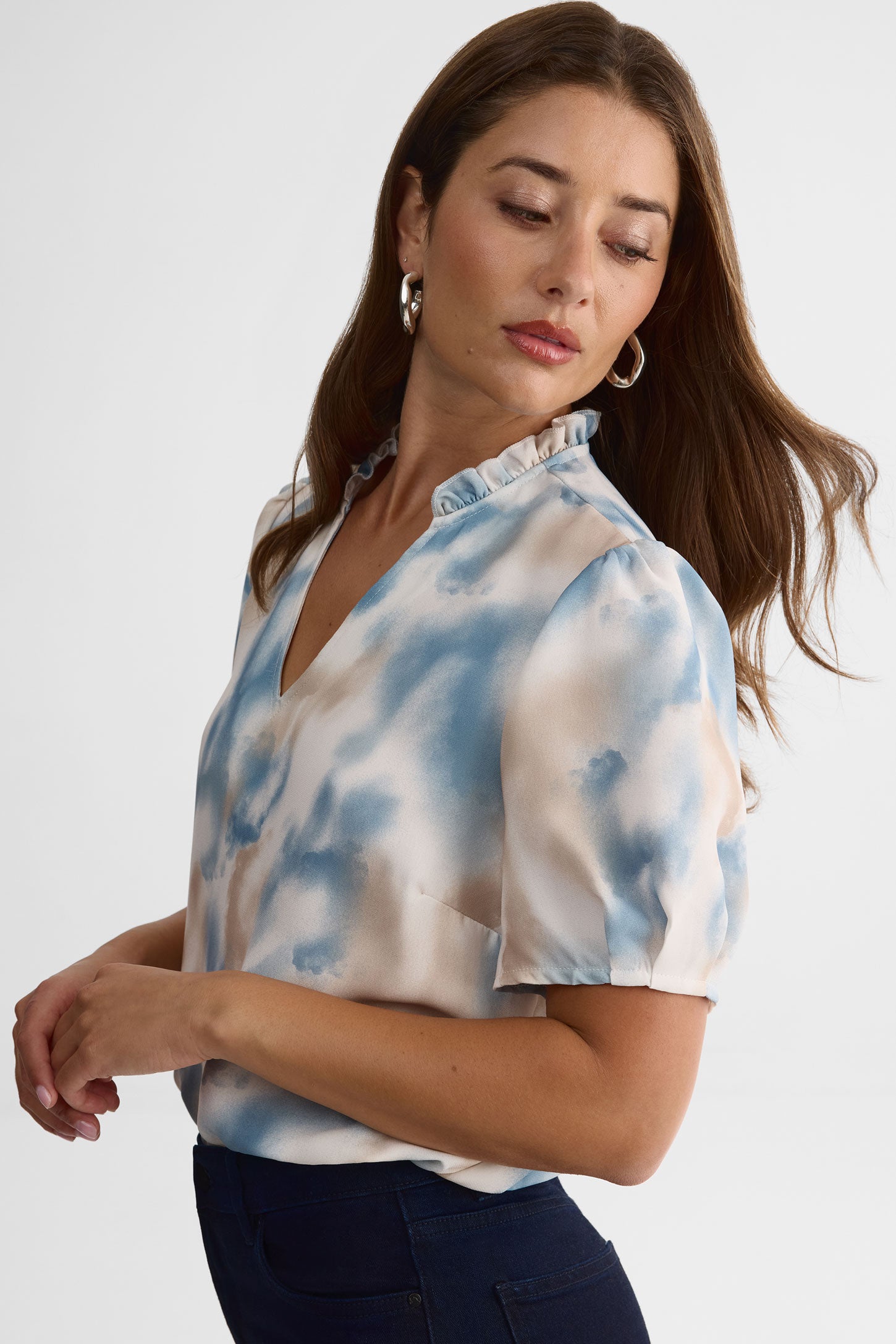 Blouse imprimée col en V – Femme && BLANC CASSÉ/MULTI