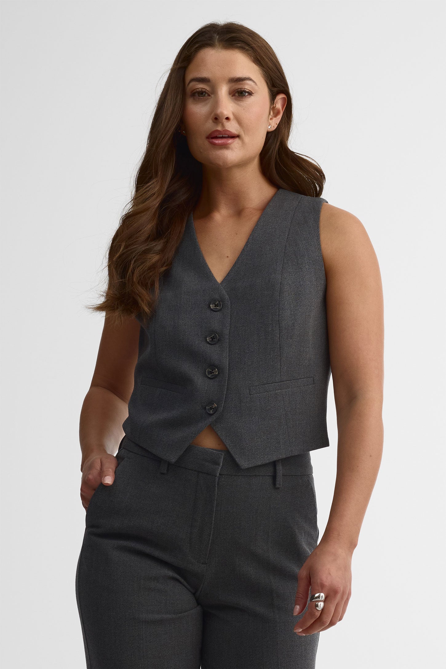 Veste semi-ajustée à manches, boutons devant - Femme && CHARBON MIXTE