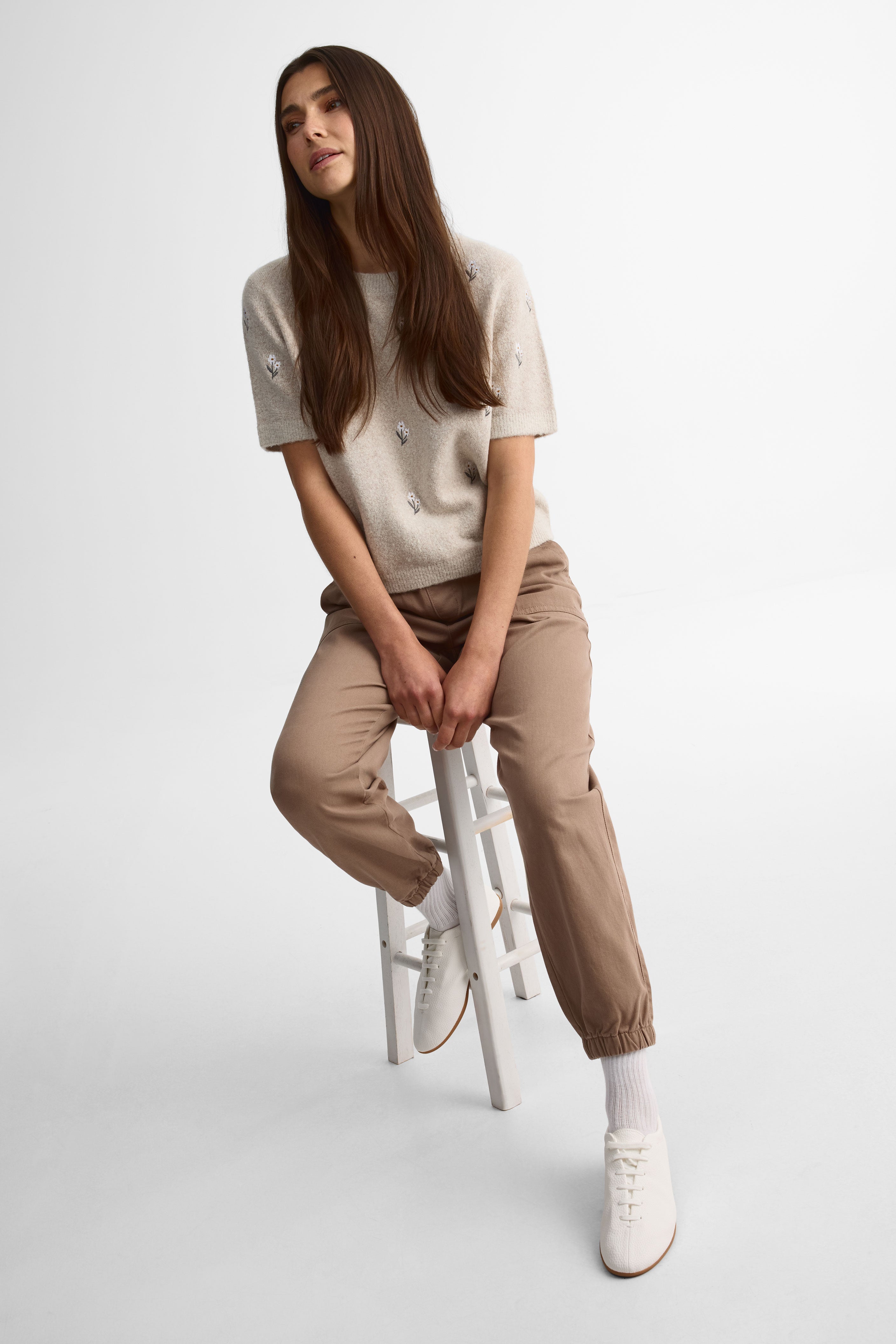 Gilet tricot brodé manches courtes - Femme && OATMEAL