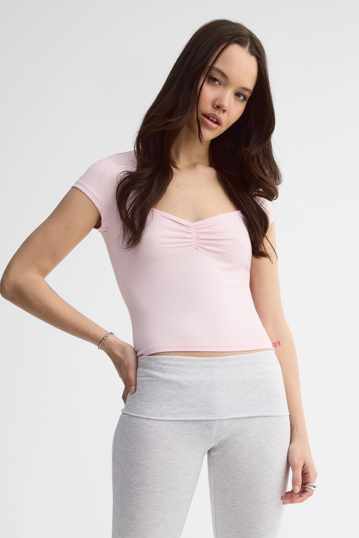 T-shirt col en cœur - Femme && ROSE PALE