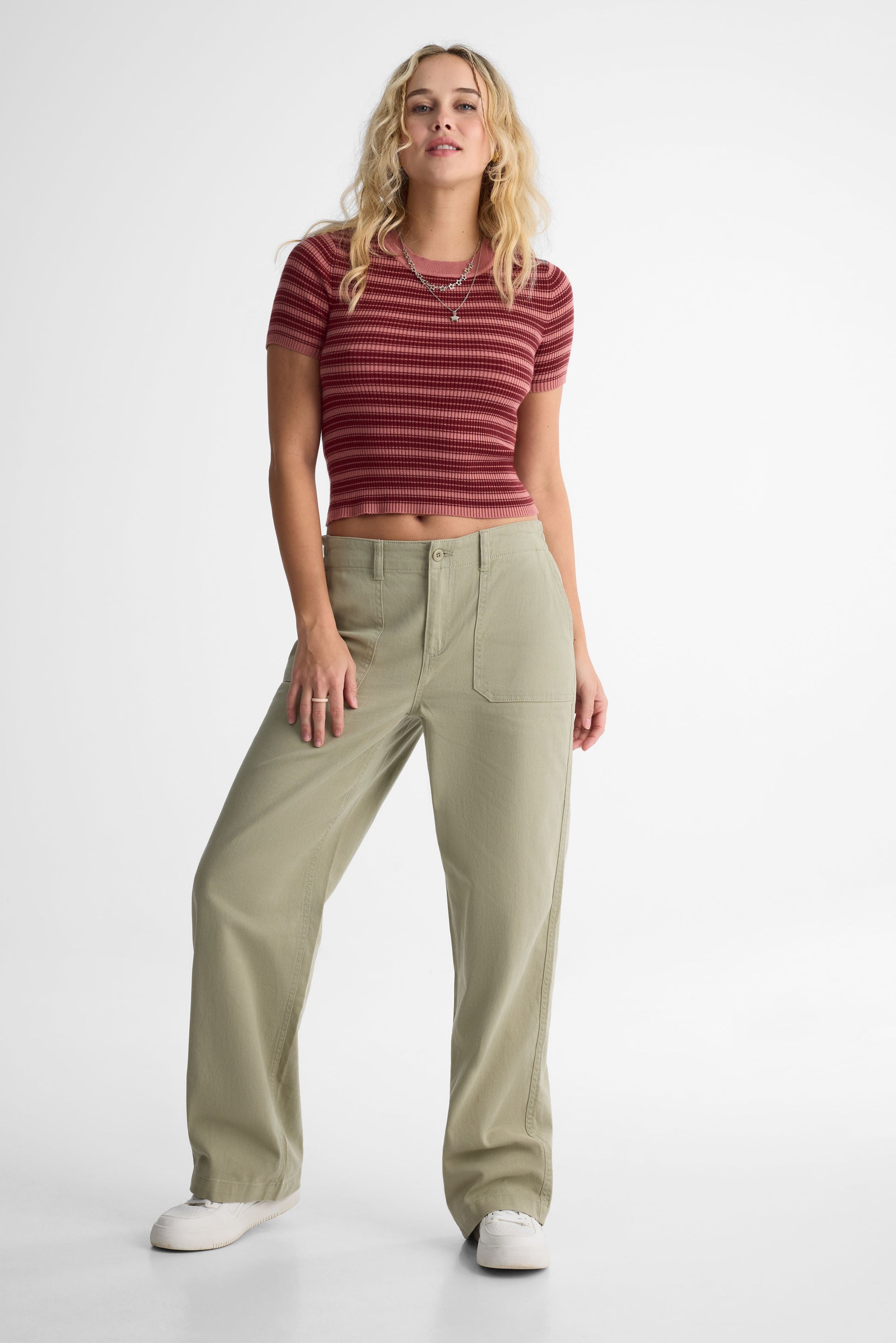 Pantalon taille semi-haute en twill - Femme && KAKI