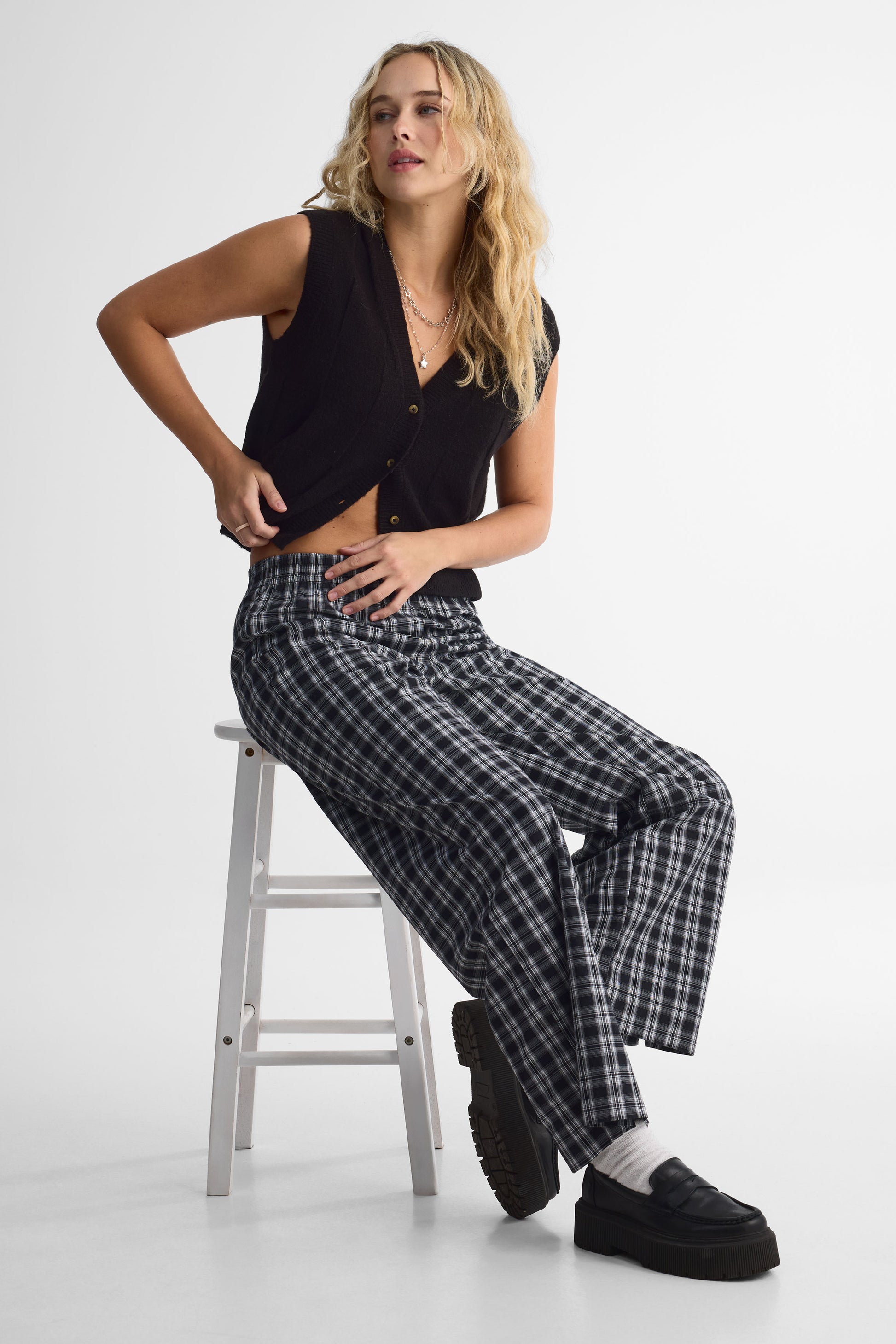 Pantalon pyjama coupe lousse en coton - Femme && NOIR/MULTI