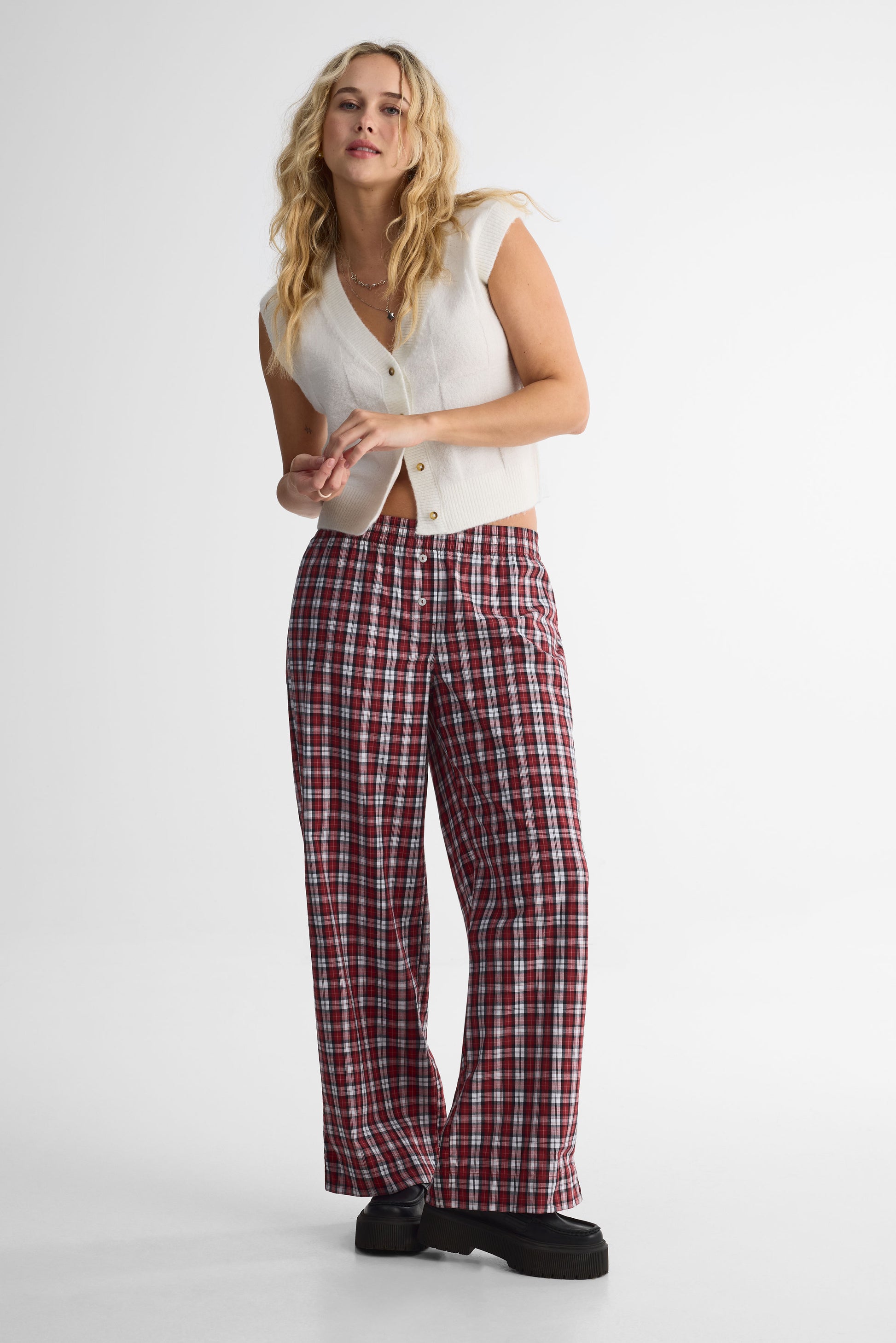 Pantalon pyjama coupe lousse en coton - Femme && ROUGE/MULTI