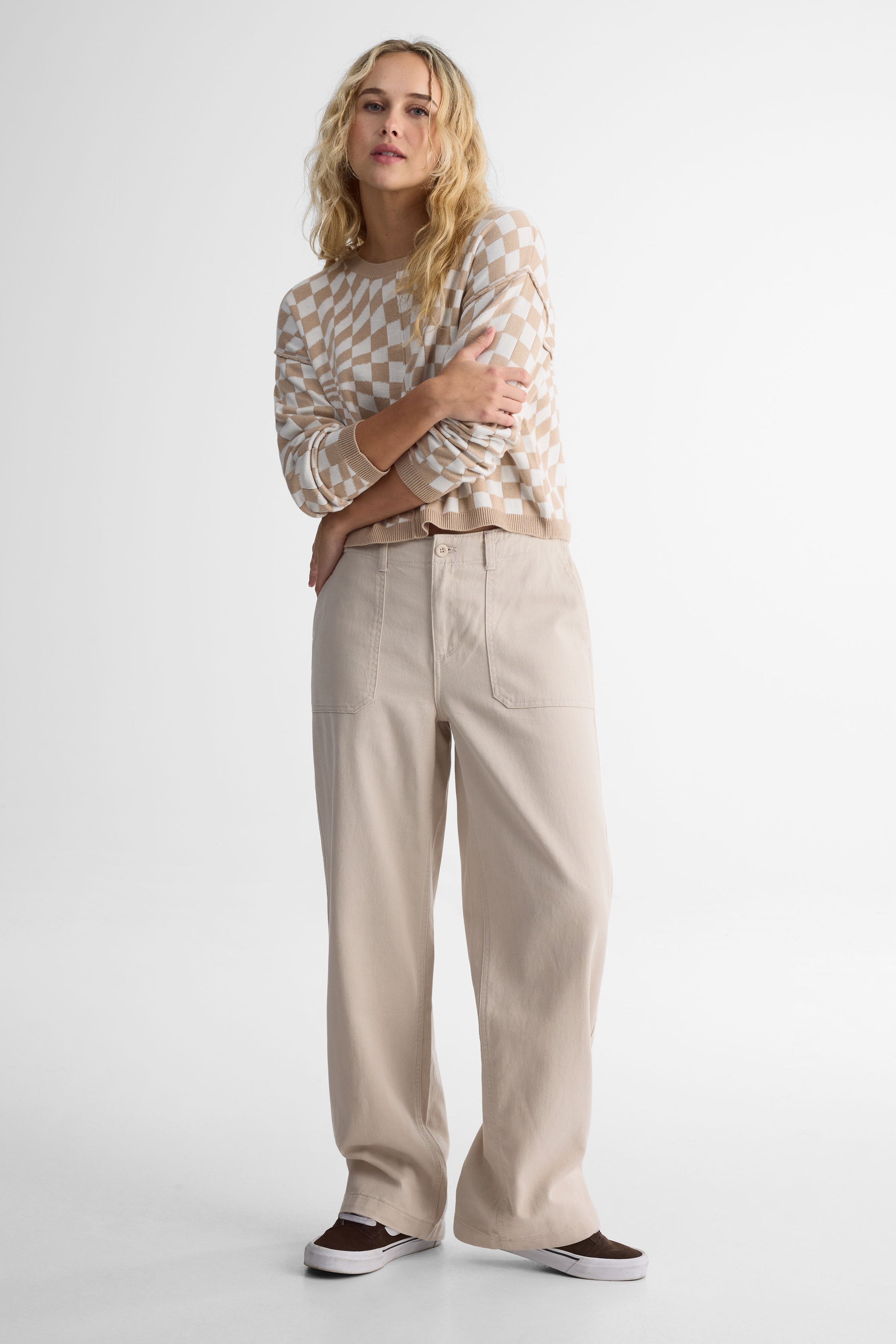 Pantalon taille semi-haute en twill - Femme && OATMEAL
