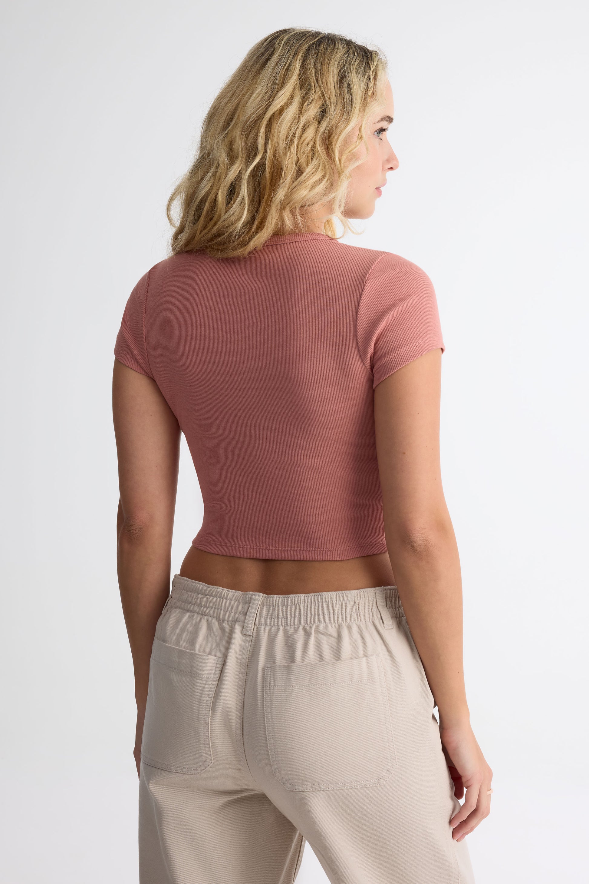 T-shirt col rond coton côtelé - Femme && ROSE