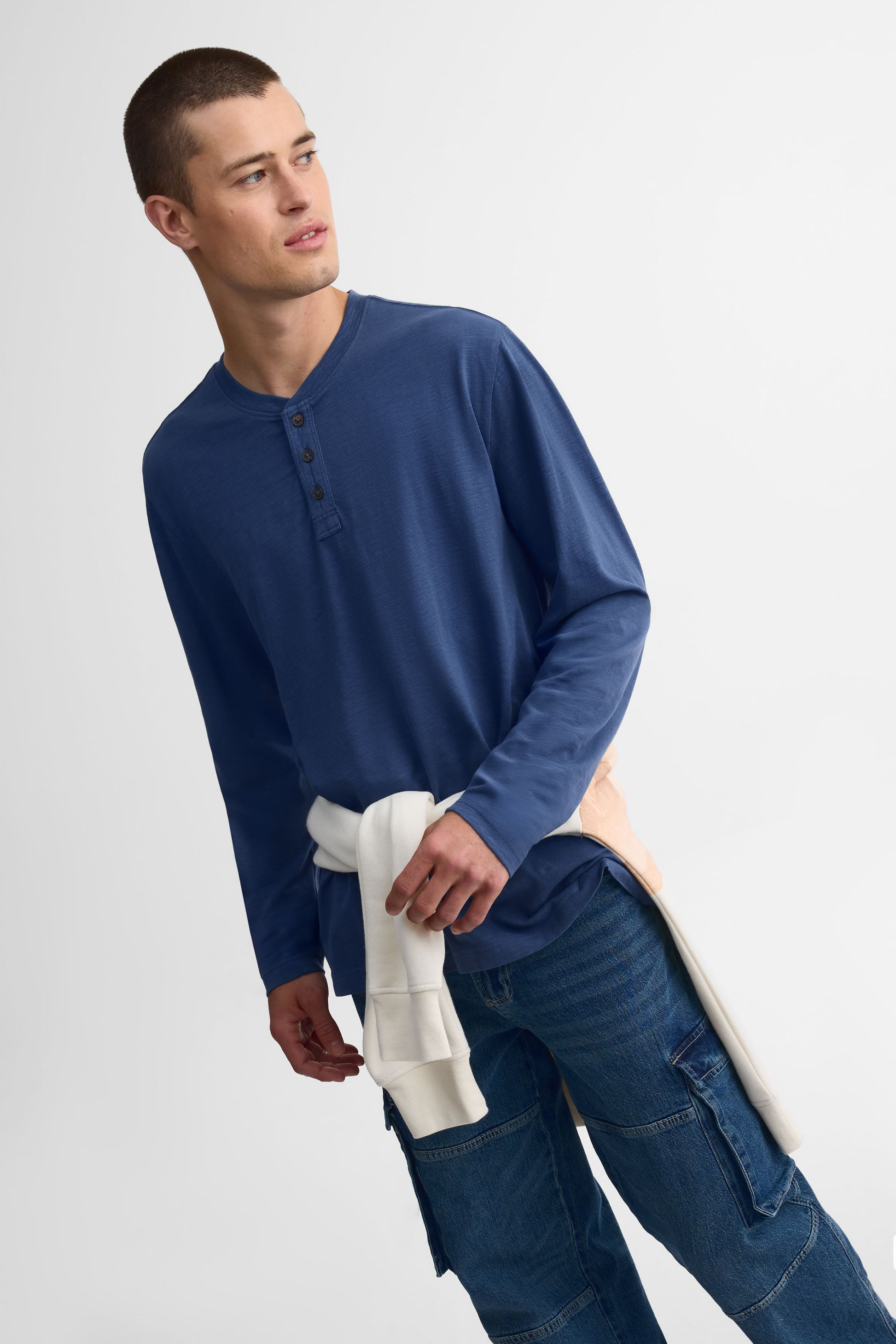 Chandail Henley manches longues - Homme && BLEU FONCE