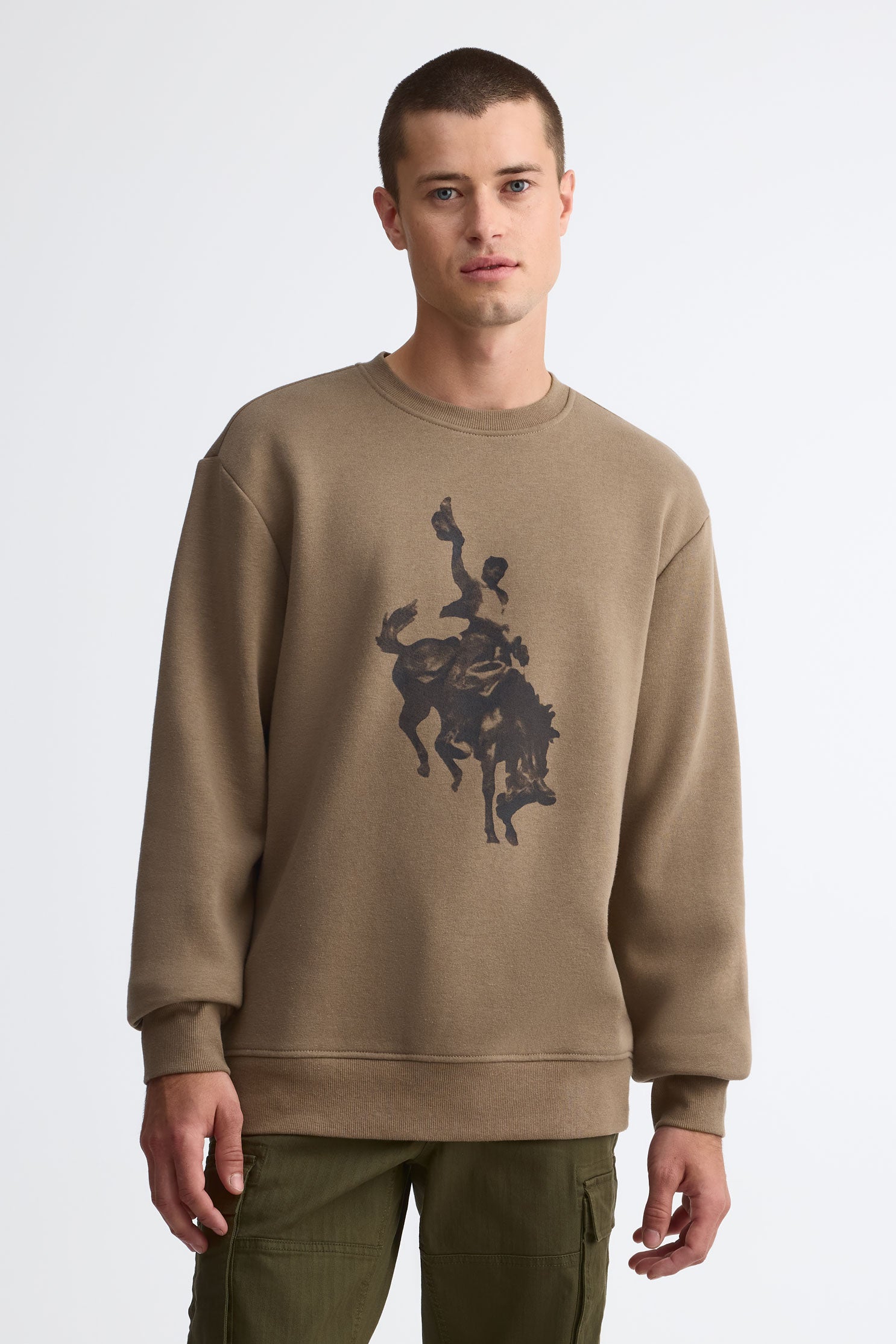 Chandail col rond coton ouaté - Homme && TAUPE