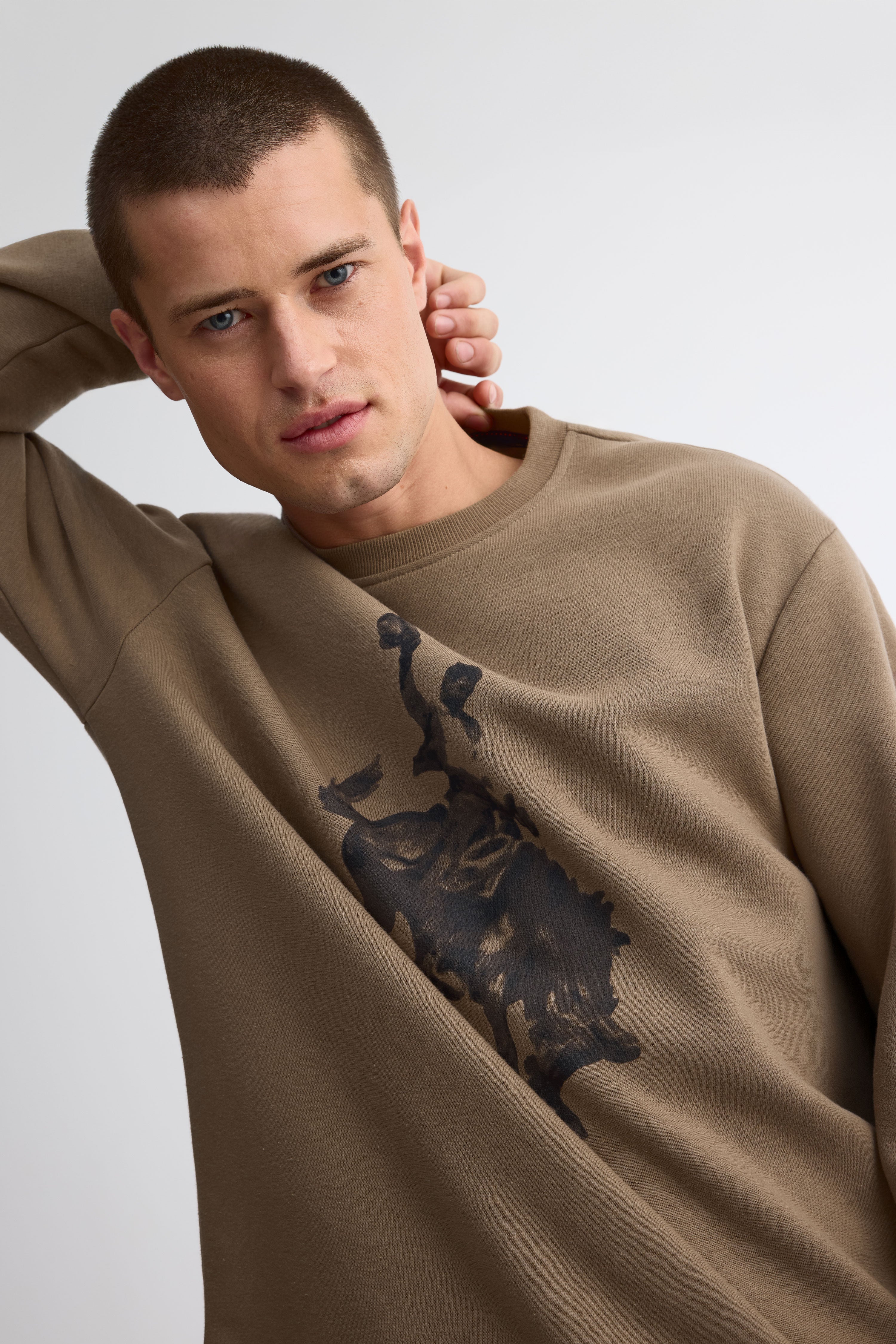 Chandail col rond coton ouaté - Homme && TAUPE