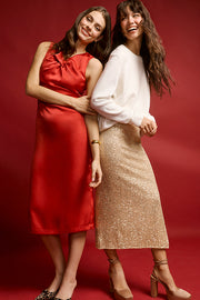 Robe midi à devant torsadé – Femme && ROUGE