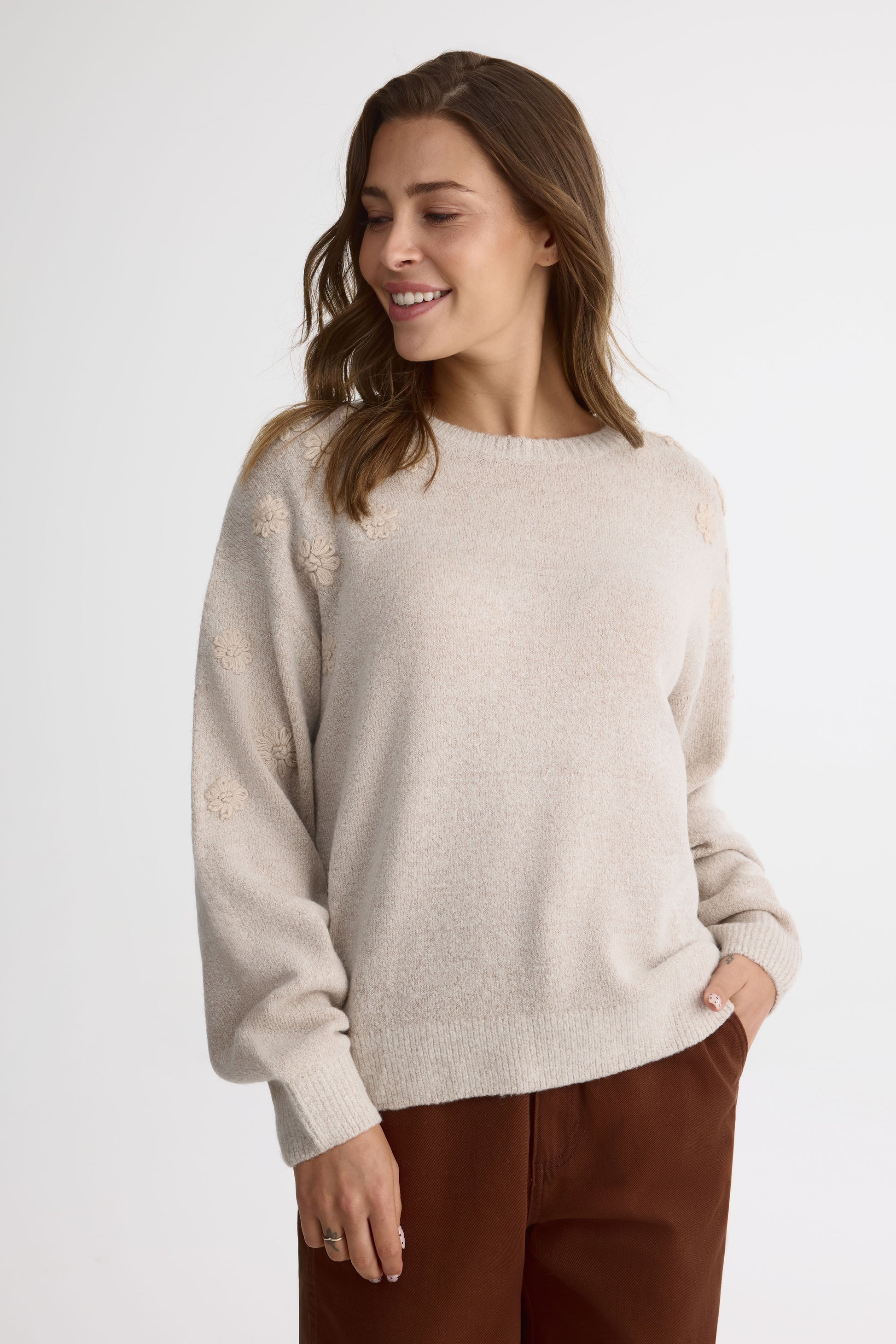 Chandail tricot col rond – Femme && OATMEAL