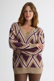 Chandail tricot à col V – Femme && TAUPE MULTI