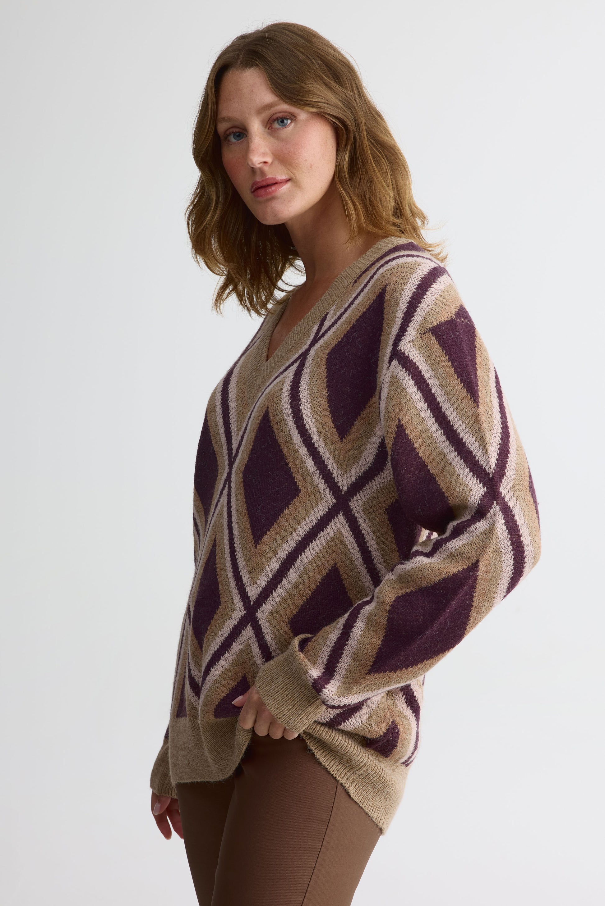 Chandail tricot à col V – Femme && TAUPE MULTI