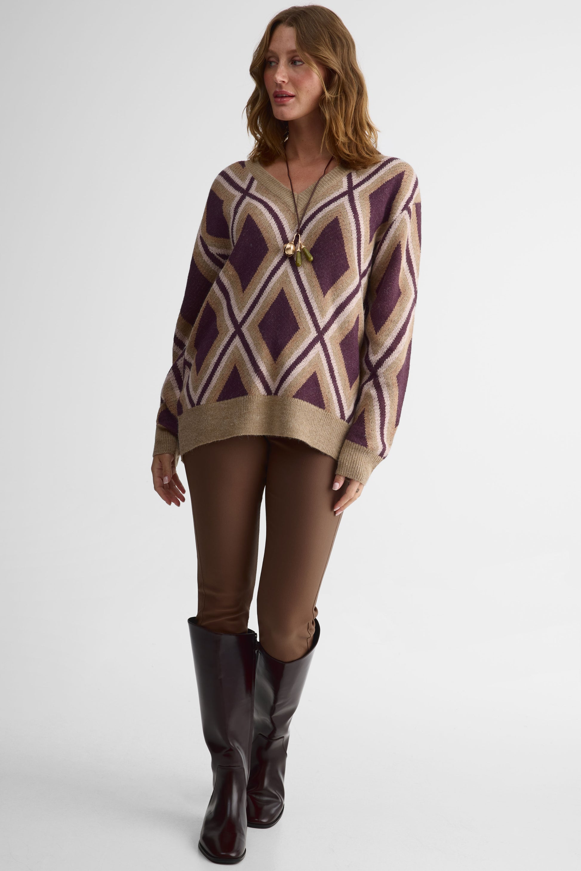 Chandail tricot à col V – Femme && TAUPE MULTI